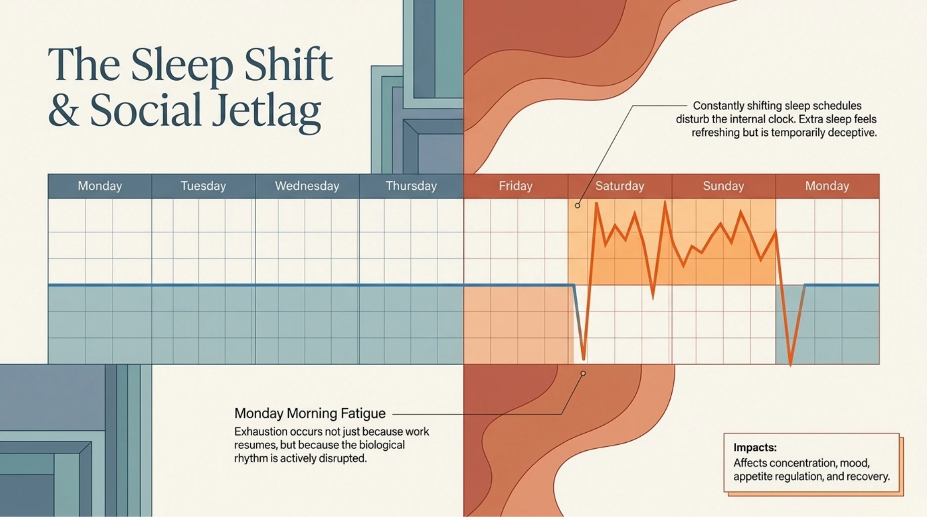 Graph illustrating weekend sleep shifts and social jetlag, showing how irregular sleep schedules contribute to Monday fatigue, poor concentration, appetite changes, and slower recovery.