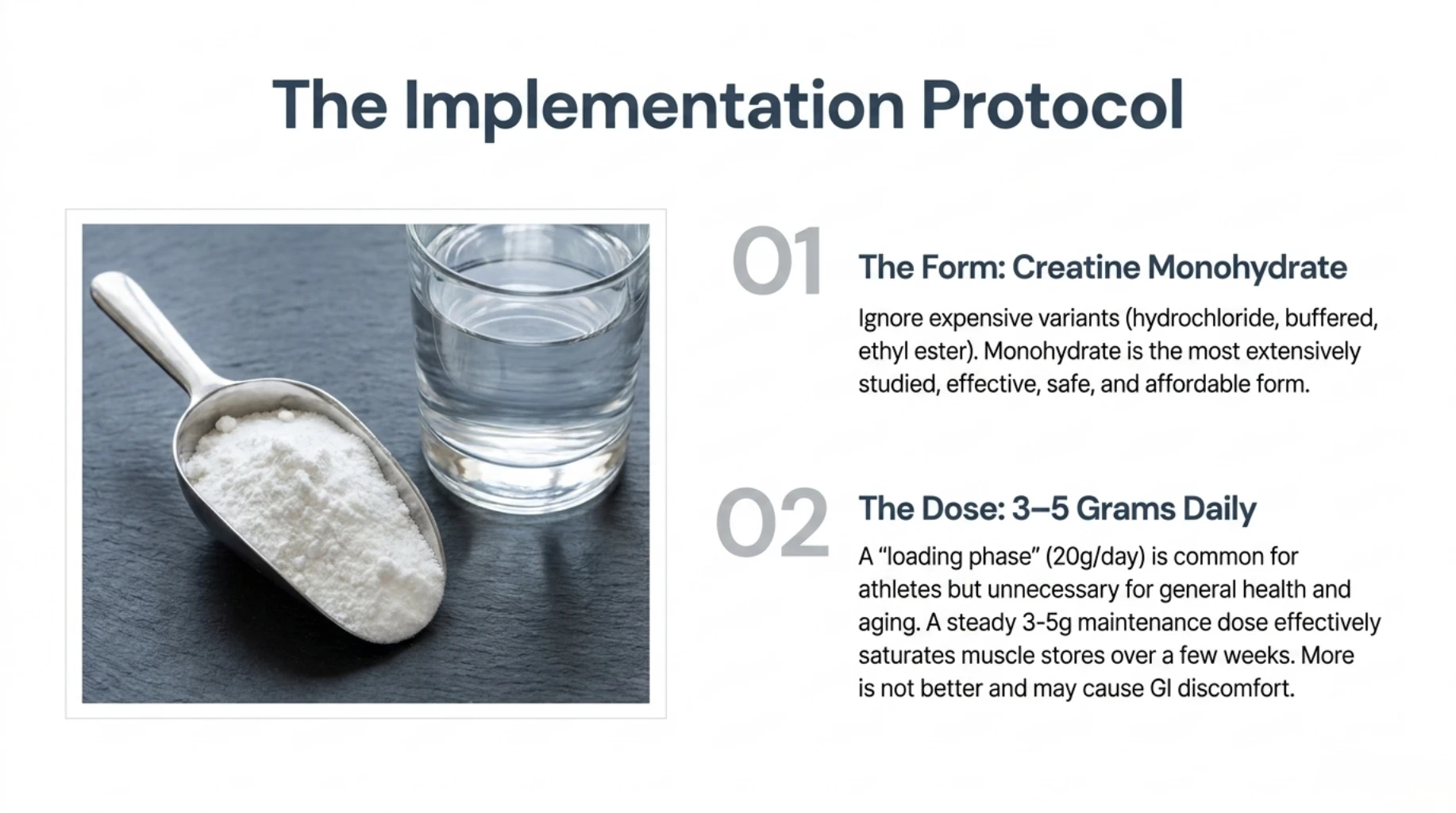 Practical creatine supplementation guide recommending creatine monohydrate at 3 to 5 grams daily and explaining why a loading phase is generally unnecessary for healthy aging.