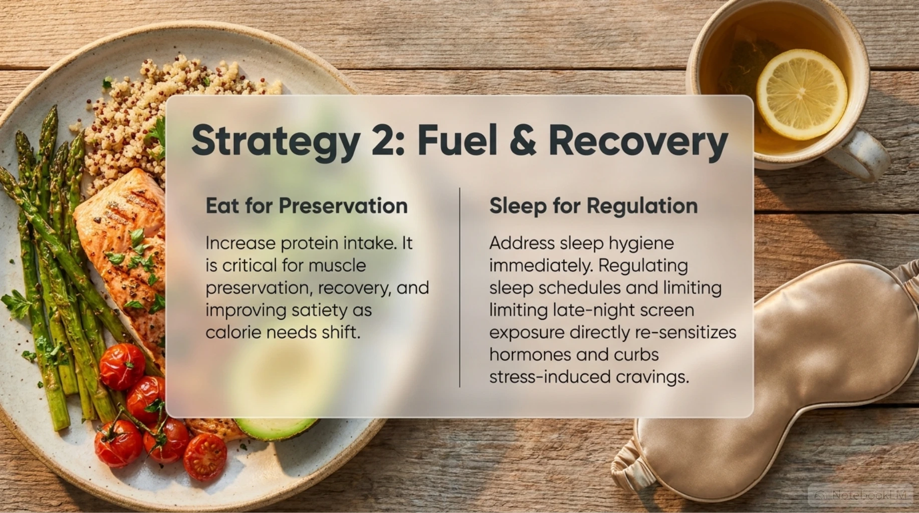 Healthy meal and sleep routine illustrating how adequate protein intake and regular sleep support muscle preservation, appetite regulation, recovery, and metabolic health.