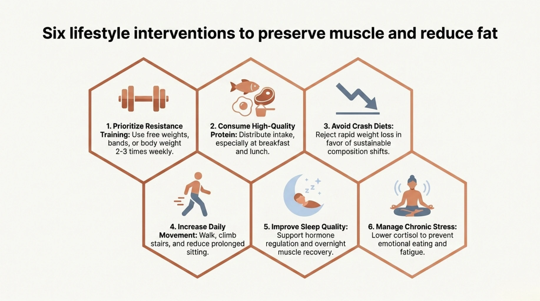 Infographic outlining six lifestyle strategies to preserve muscle and reduce body fat, including resistance training, adequate protein, avoiding crash diets, daily movement, better sleep, and stress management.