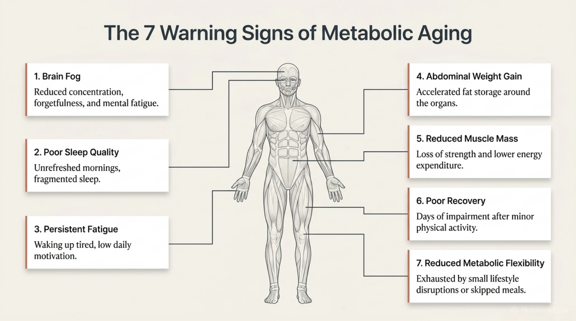 Infographic showing seven warning signs of metabolic aging, including brain fog, poor sleep, persistent fatigue, abdominal weight gain, reduced muscle mass, poor recovery, and reduced metabolic flexibility.