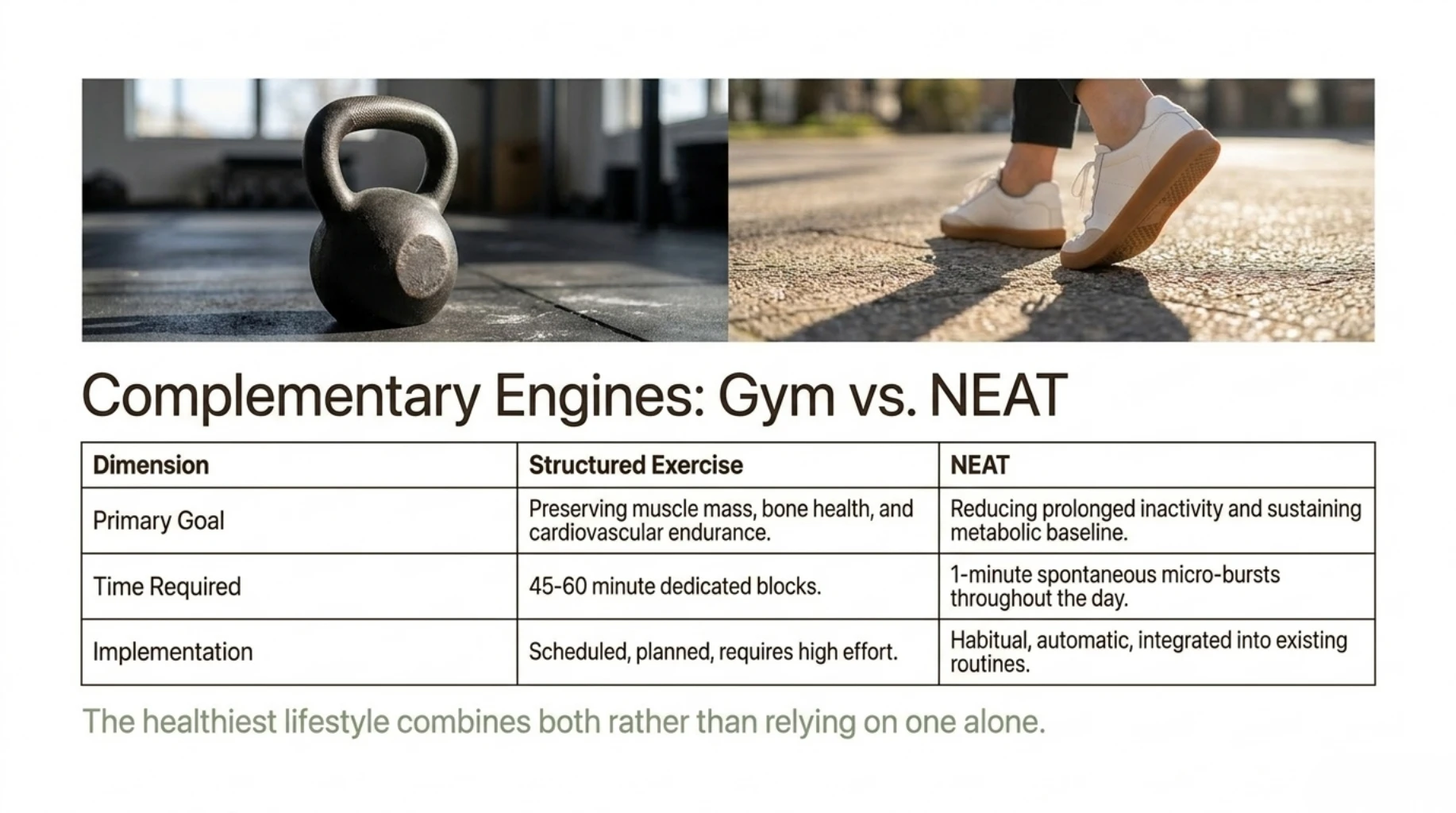 Comparison table showing how structured exercise and NEAT complement each other through planned workouts and frequent everyday movement distributed throughout the day.