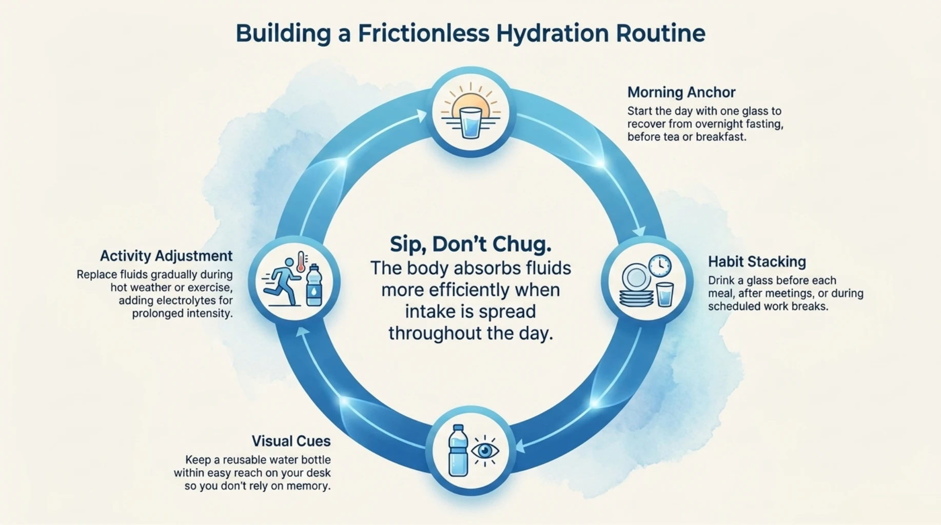Daily hydration routine infographic showing simple habits including morning water, visual reminders, meal-time drinking, activity adjustment, and sipping water throughout the day.