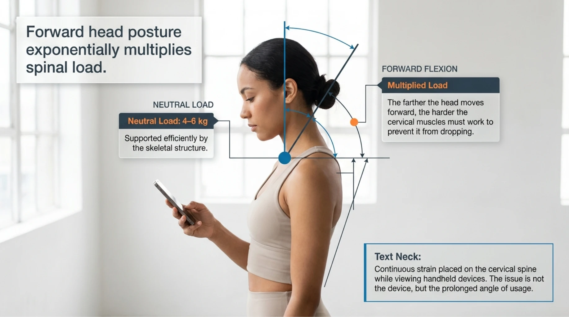 Illustration showing how forward head posture and prolonged smartphone use increase cervical spine load, contributing to text neck and chronic neck pain.