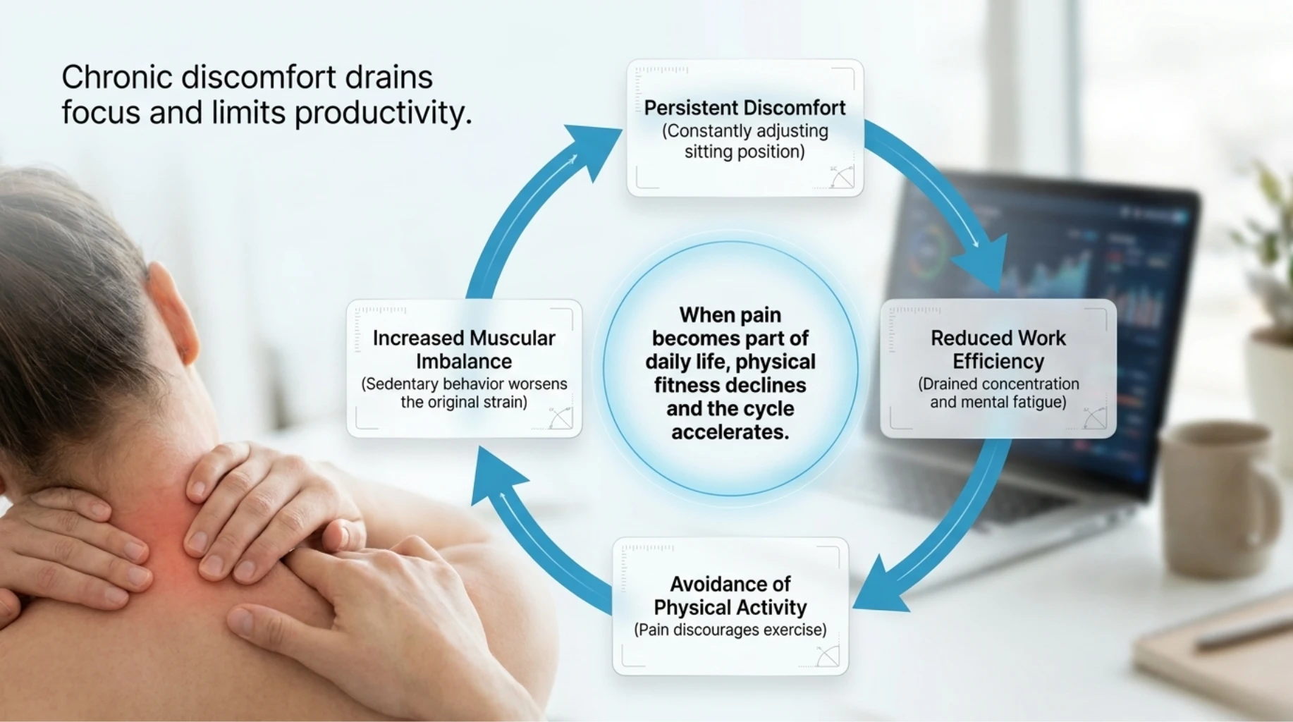 Diagram illustrating the cycle of persistent neck discomfort, reduced work efficiency, avoidance of physical activity, and worsening muscular imbalance associated with chronic digital strain.
