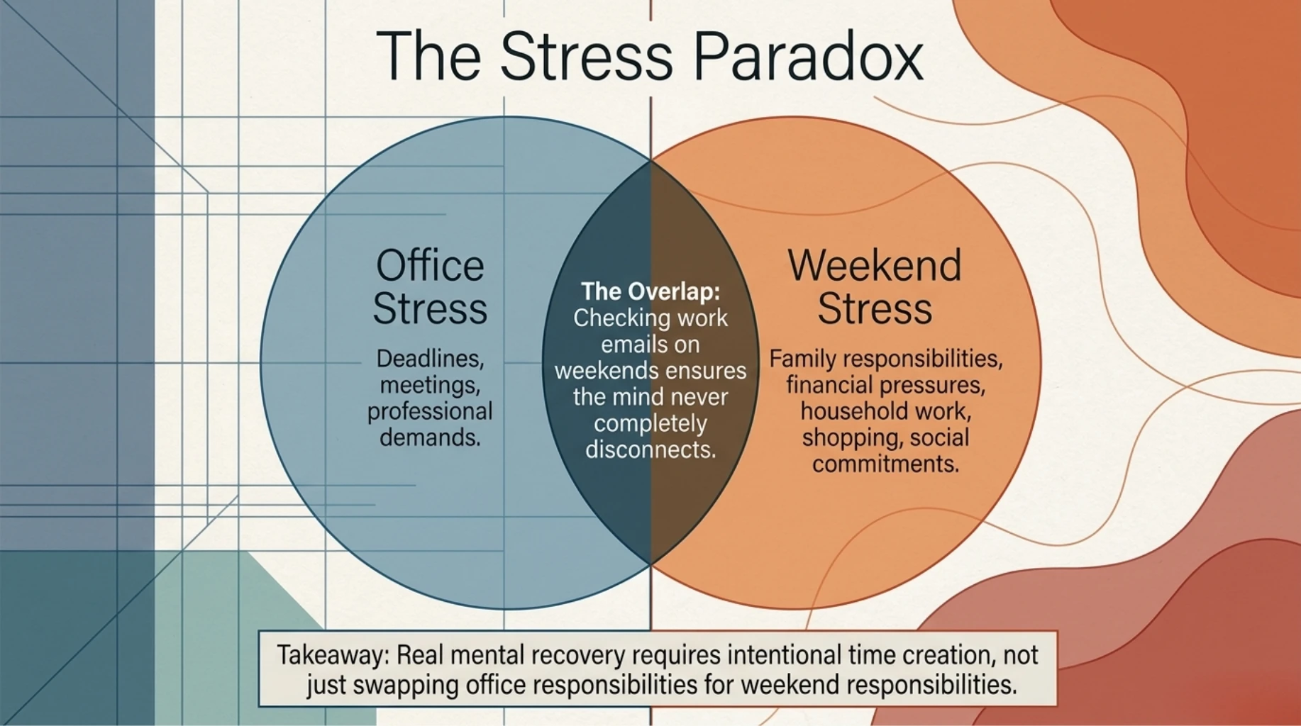 Venn diagram comparing workplace stress and weekend stress, illustrating how family responsibilities, household tasks, and work emails reduce mental recovery during weekends.