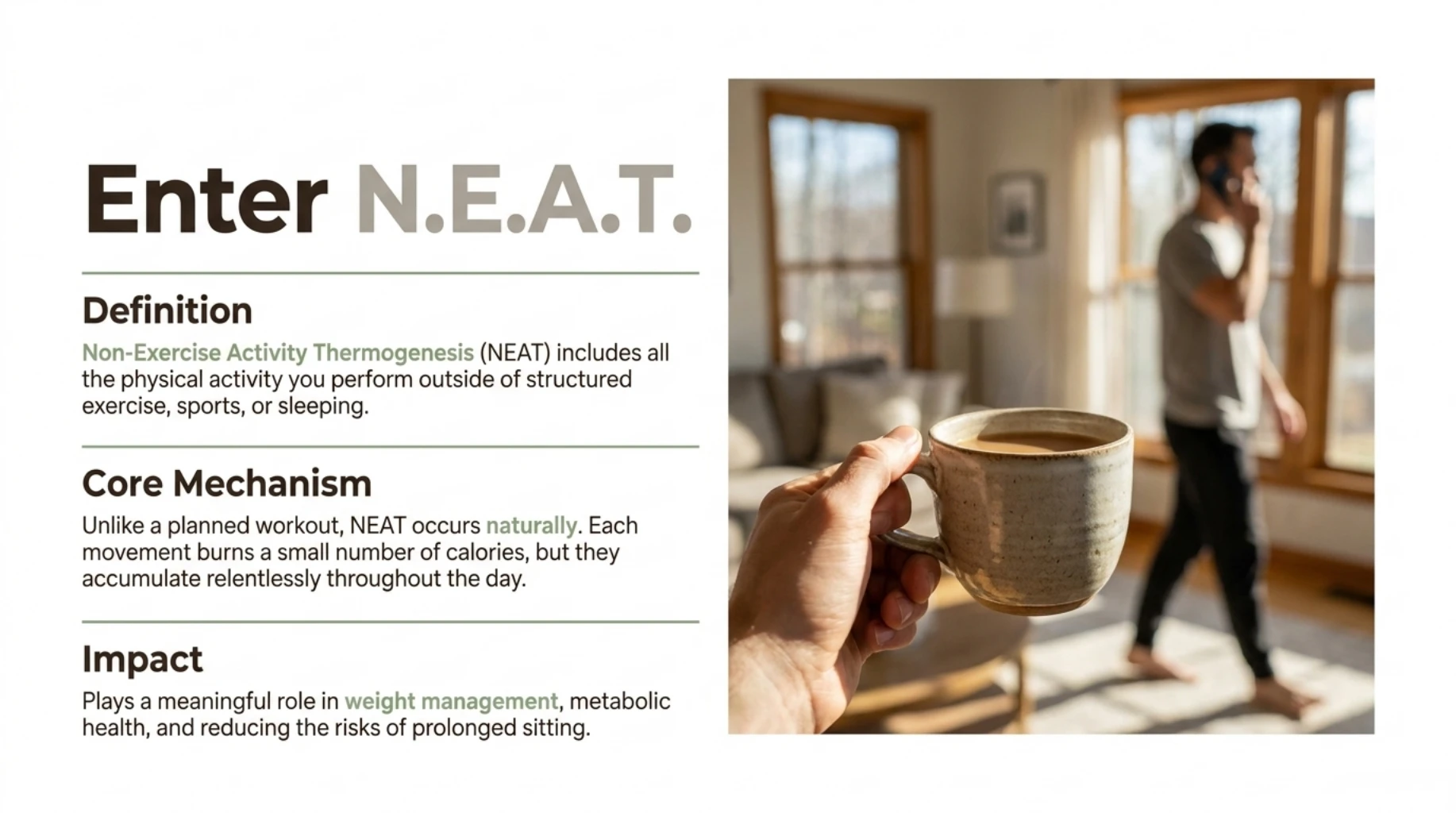 Illustration explaining non-exercise activity thermogenesis, or NEAT, as everyday movement outside structured exercise that supports calorie expenditure, weight management, and metabolic health.