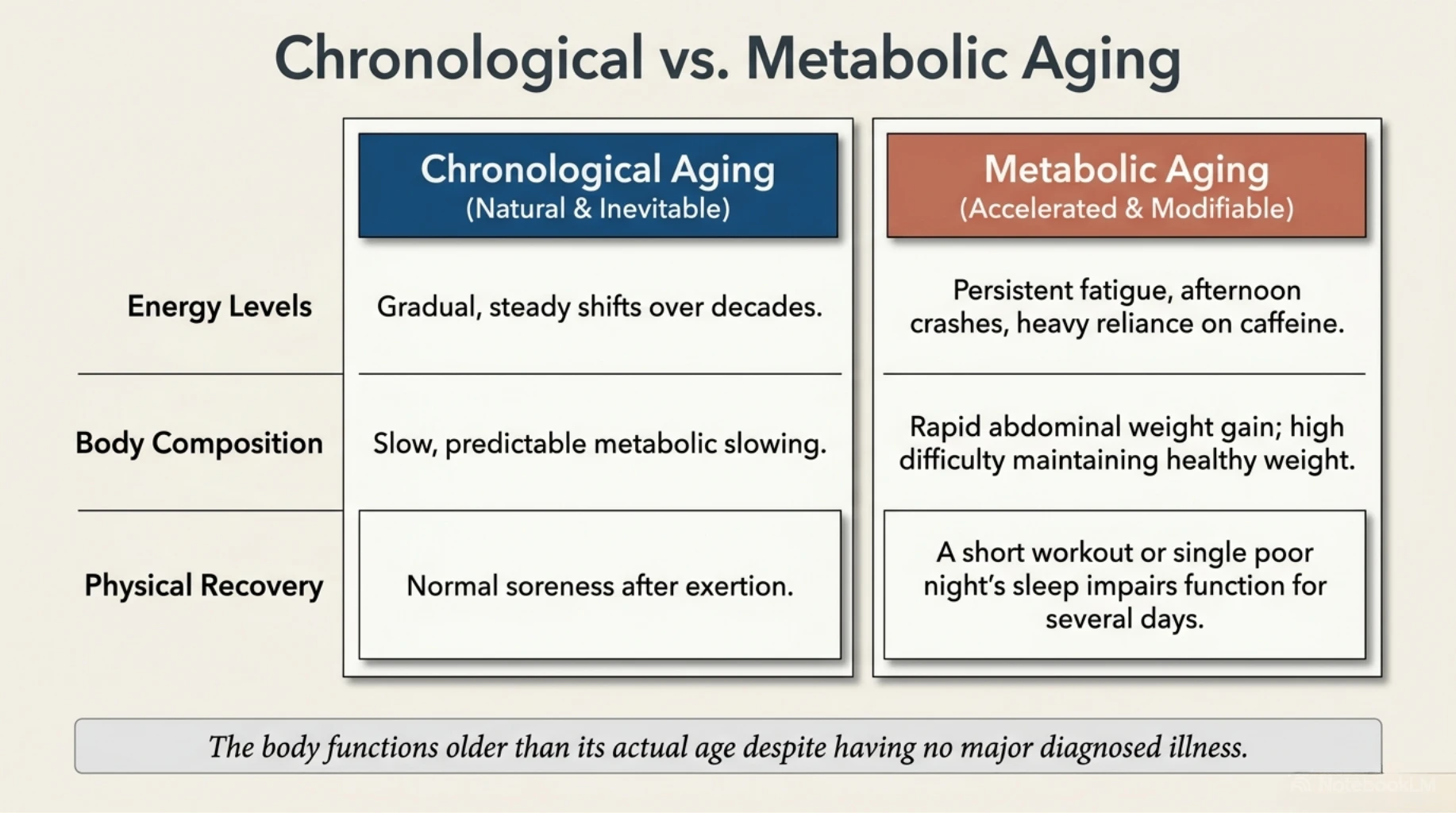 Comparison chart explaining chronological aging versus metabolic aging, highlighting differences in energy levels, body composition, and physical recovery.