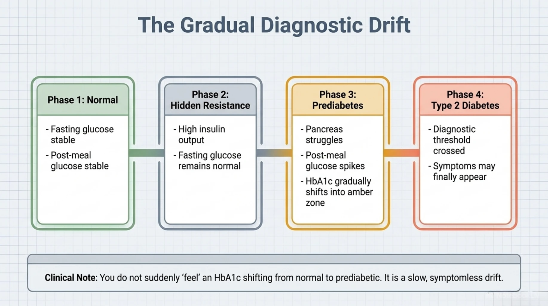 Illustration showing the progression from normal glucose metabolism to hidden insulin resistance, prediabetes, and type 2 diabetes through four clinical phases.
