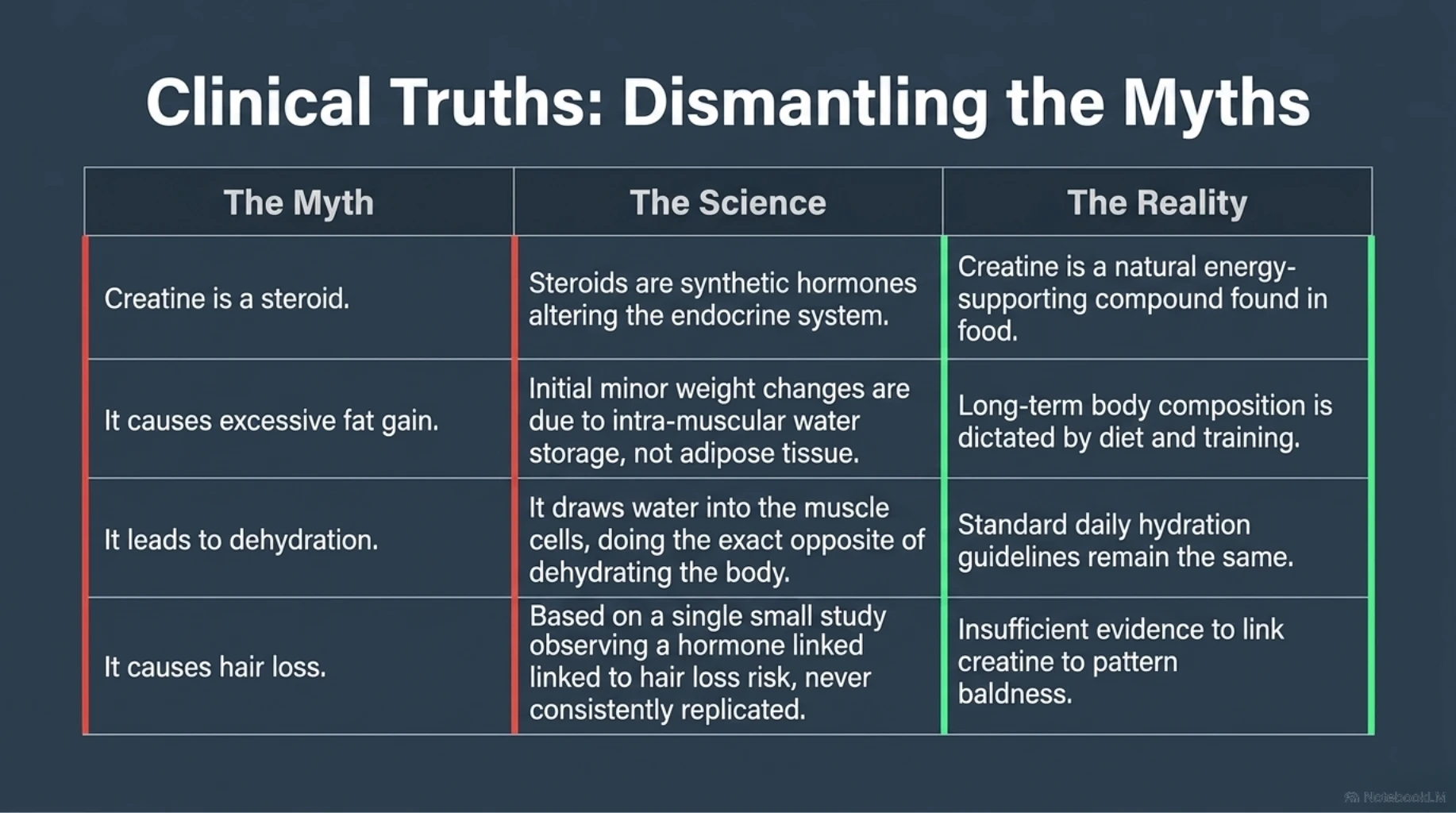 Myth-versus-science table addressing common creatine misconceptions involving steroids, fat gain, dehydration, and hair loss.