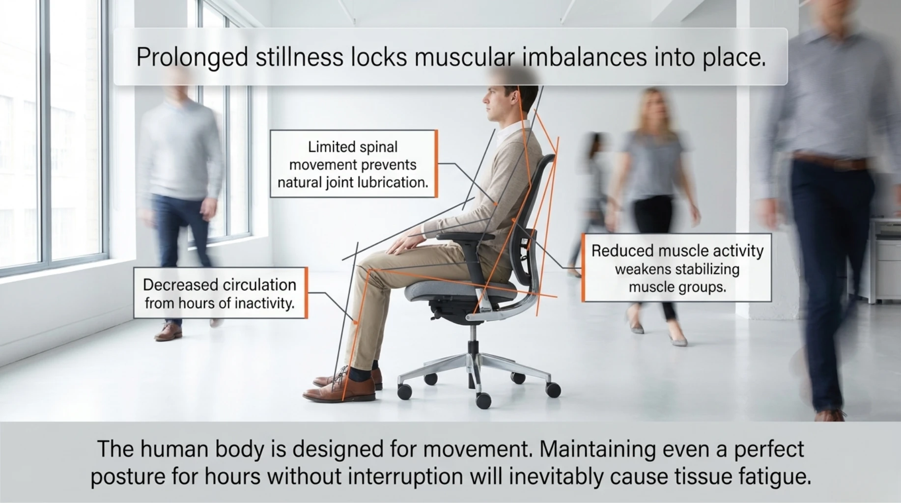 Infographic demonstrating how prolonged sitting reduces circulation, weakens stabilizing muscles, and limits spinal movement, leading to muscular imbalance and tissue fatigue.