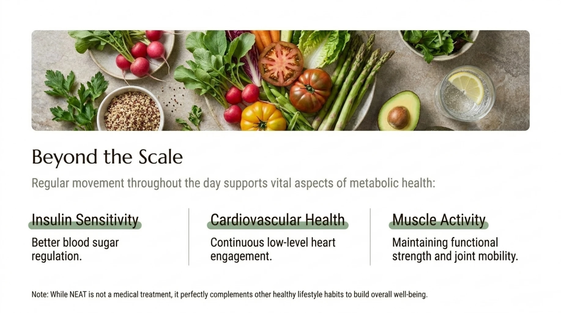 Infographic showing how regular everyday movement supports insulin sensitivity, cardiovascular health, muscle function, and joint mobility beyond its effect on body weight.
