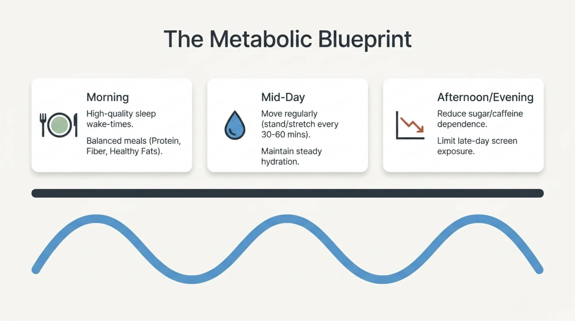 Visual guide outlining a metabolic blueprint for stable energy throughout the day, emphasizing balanced meals, regular movement, hydration, reduced caffeine intake, and limiting evening screen exposure.