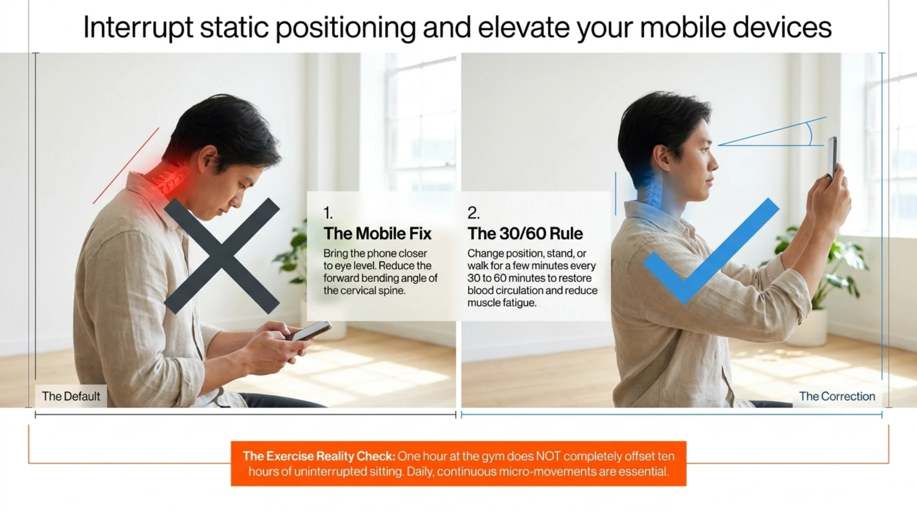 Comparison showing incorrect versus correct mobile phone posture, including the 30/60 rule and strategies to reduce cervical spine stress during device use.