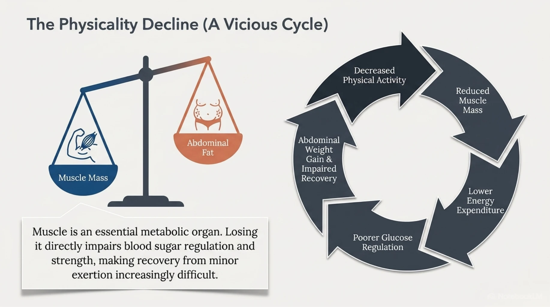 Diagram illustrating the vicious cycle of metabolic decline involving reduced physical activity, muscle loss, lower energy expenditure, poor glucose regulation, and abdominal fat accumulation.