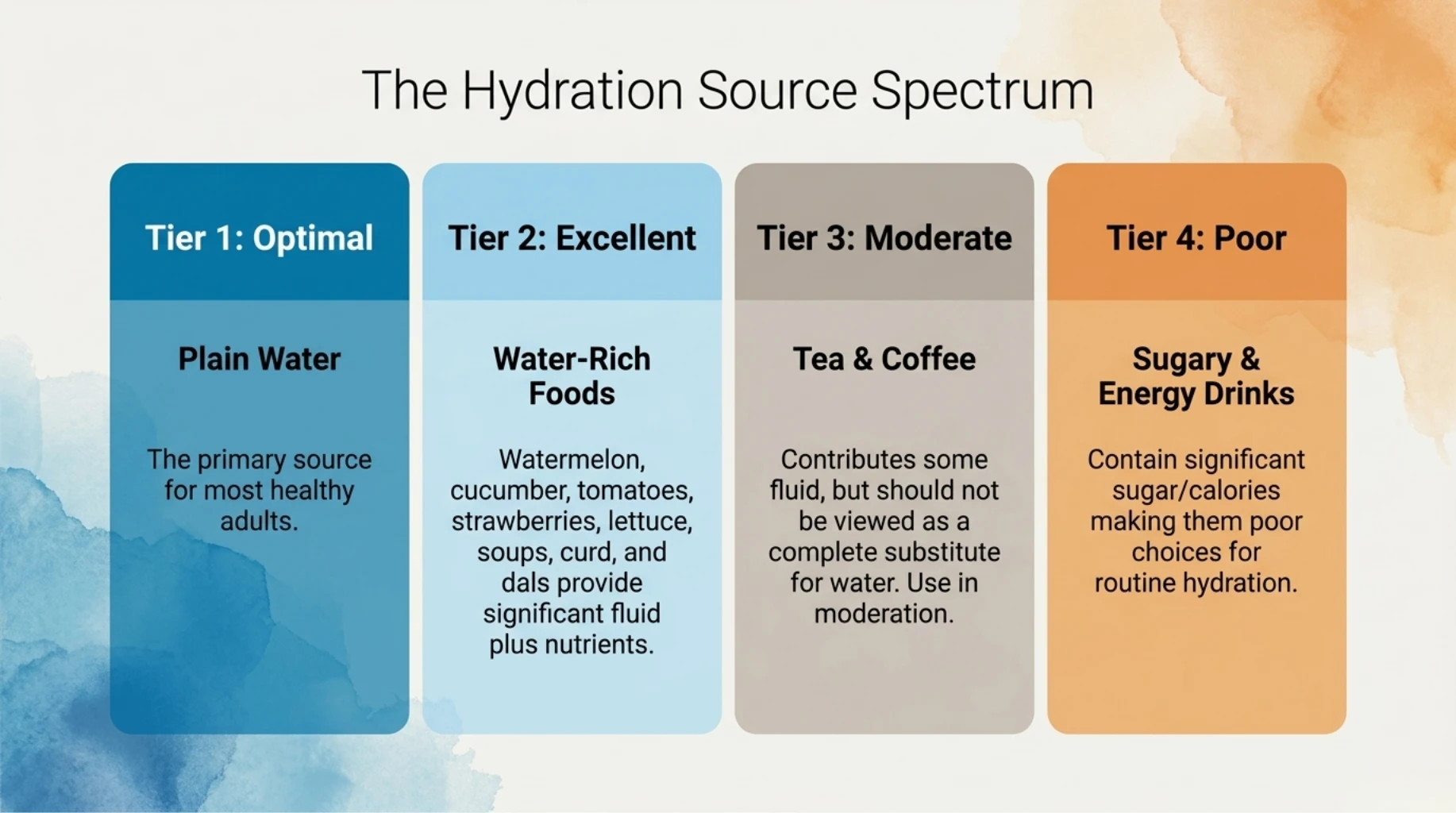 Hydration source spectrum ranking plain water, water-rich foods, tea and coffee, and sugary drinks based on their effectiveness for daily hydration.