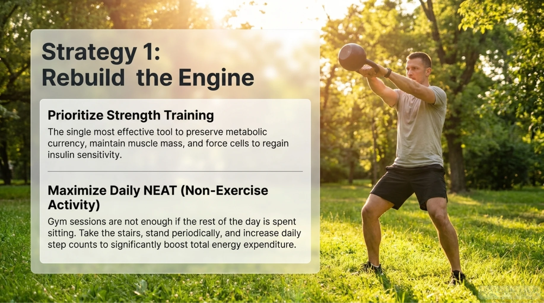 Man performing kettlebell exercise as part of a metabolic health strategy focused on strength training, muscle preservation, daily steps, and non-exercise activity.