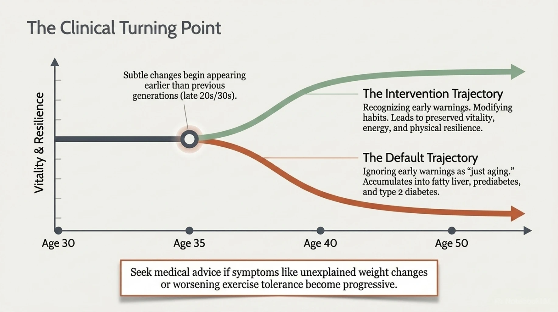 Graph demonstrating how early lifestyle interventions can improve vitality and resilience, while ignoring warning signs may lead to fatty liver, prediabetes, and type 2 diabetes.