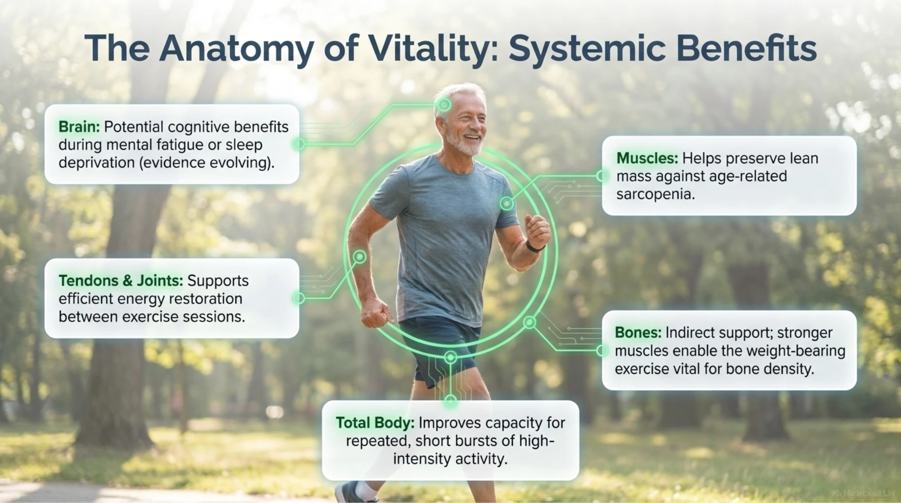 Medical infographic outlining potential creatine benefits for adults over 40, including muscle preservation, repeated high-intensity activity, exercise recovery, bone-supporting activity, and possible cognitive support.
