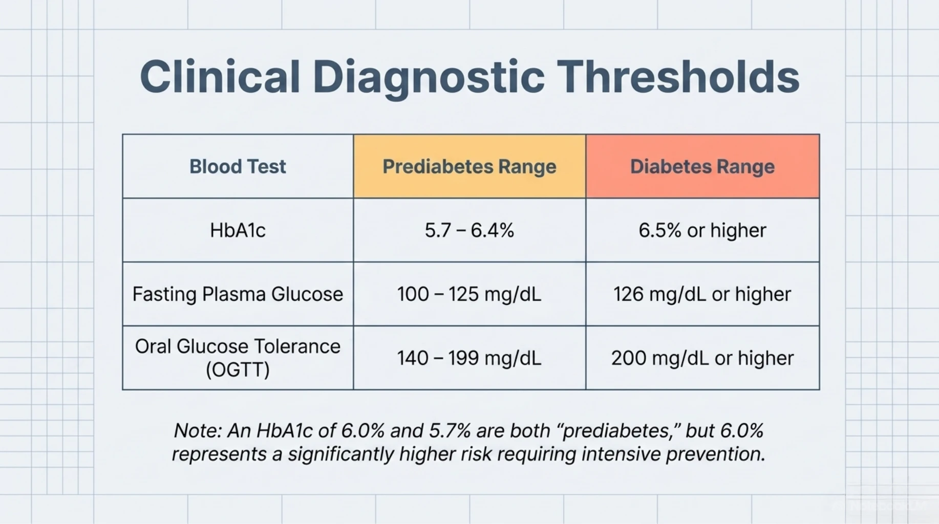Clinical chart outlining diagnostic thresholds for HbA1c, fasting plasma glucose, and oral glucose tolerance tests for prediabetes and diabetes.