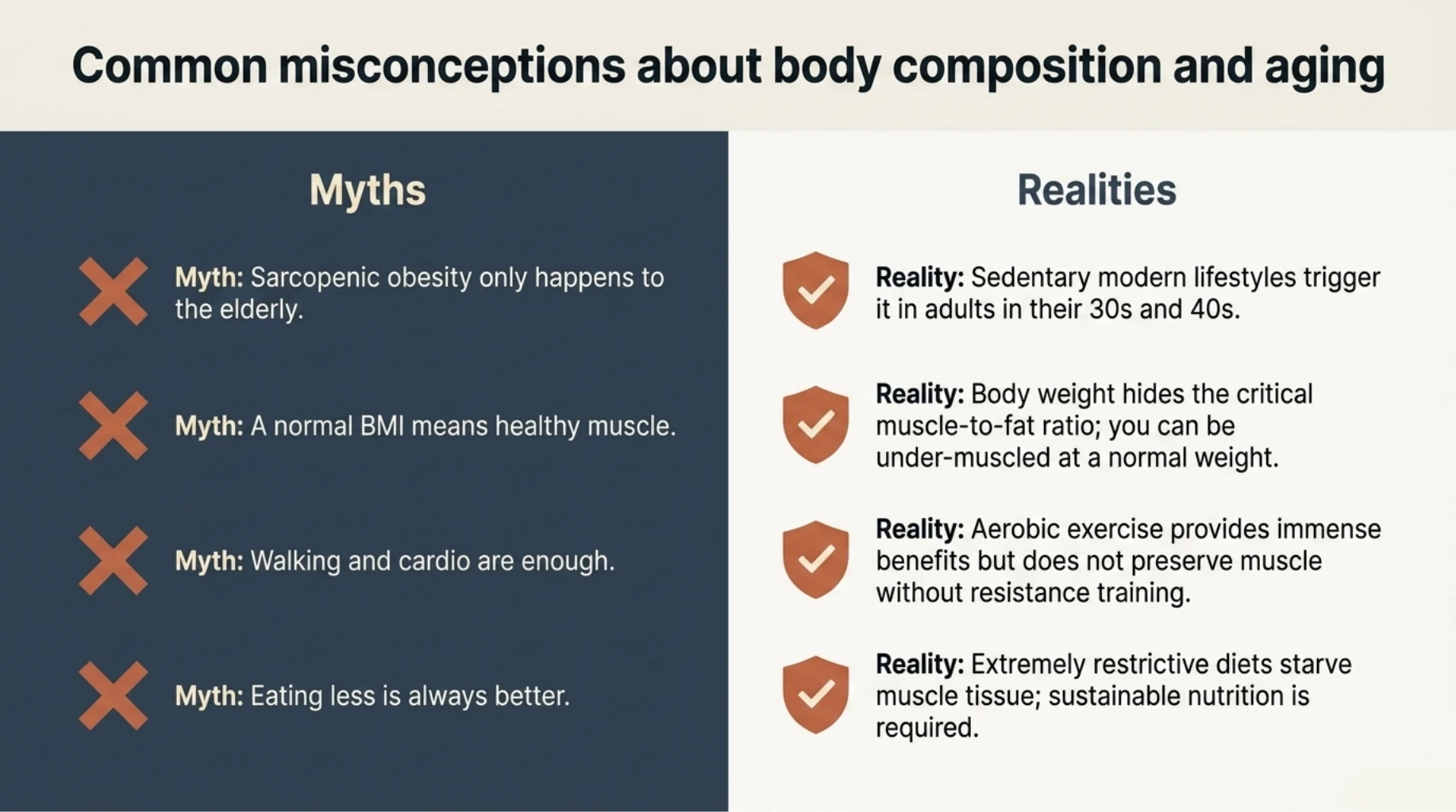 Myth-versus-reality infographic explaining that sarcopenic obesity can affect younger adults, may occur at a normal BMI, requires resistance training, and can worsen with restrictive dieting.