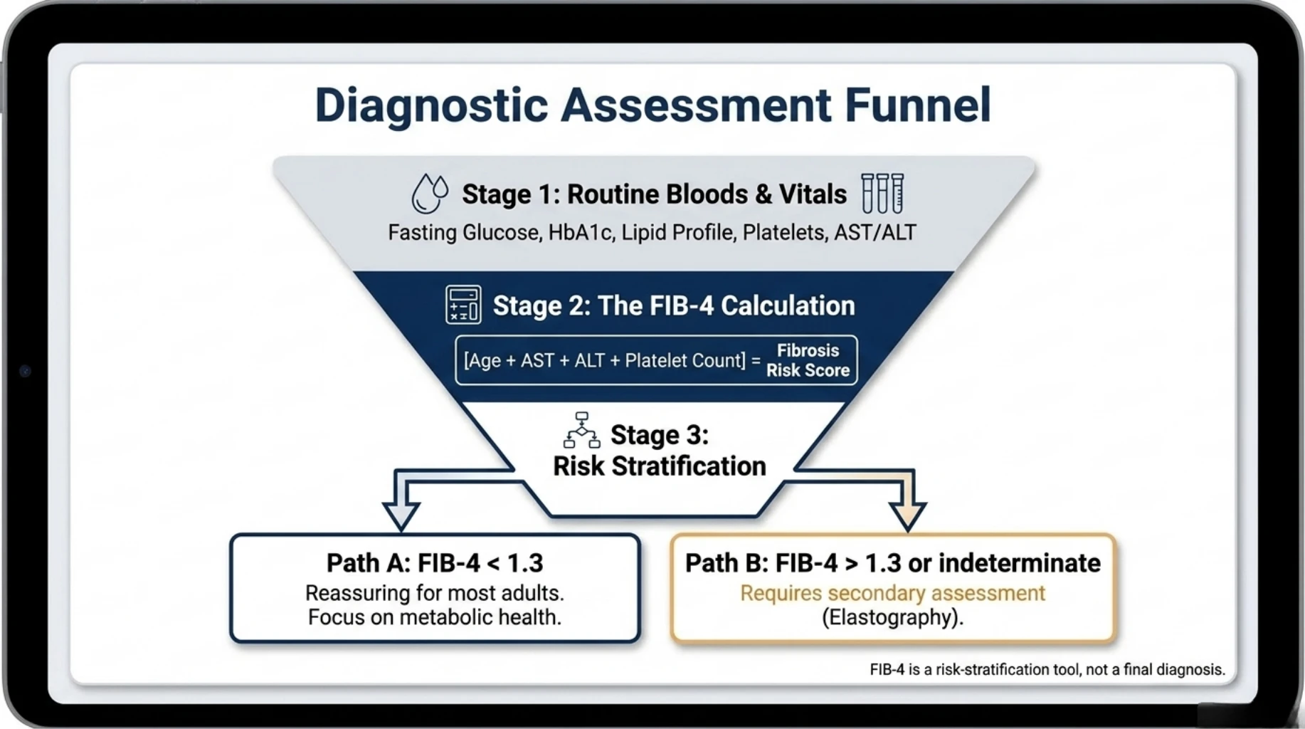 Clinical assessment funnel showing the stepwise evaluation of fatty liver using blood tests, FIB-4 score, risk stratification, and elastography when indicated.