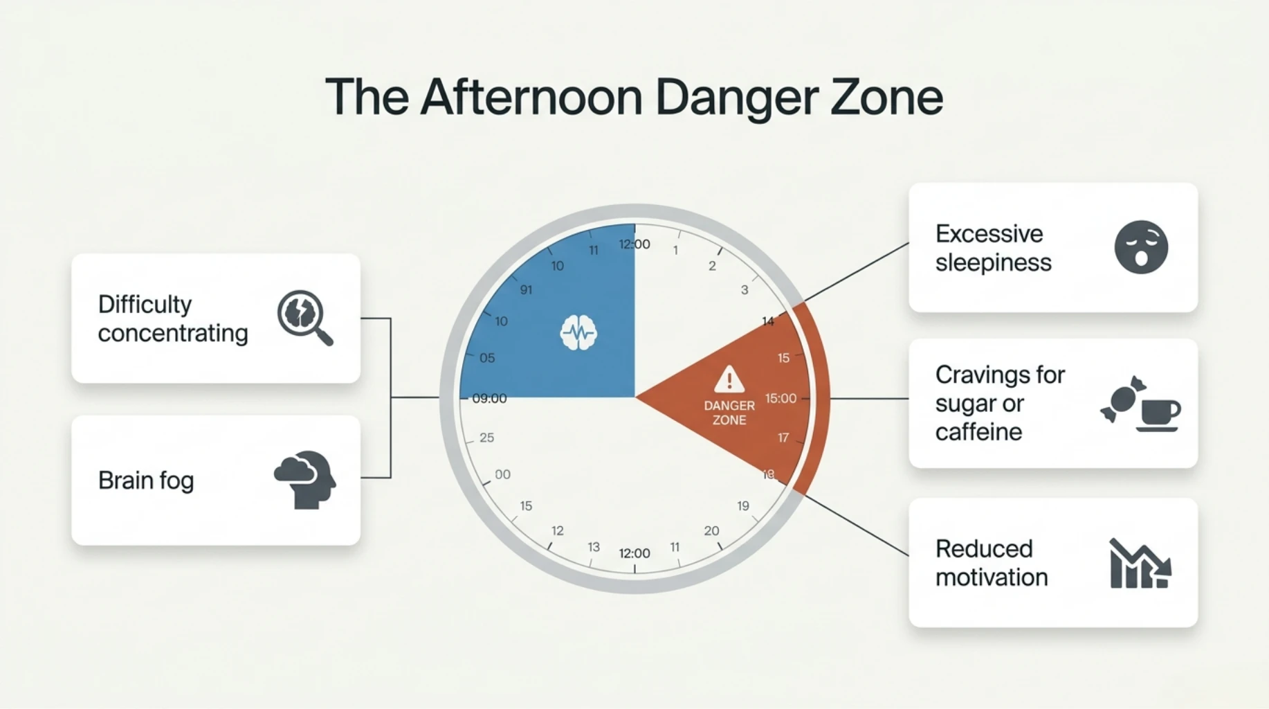 Infographic showing the afternoon danger zone between 2 PM and 5 PM, highlighting symptoms such as excessive sleepiness, brain fog, sugar cravings, reduced motivation, and difficulty concentrating.