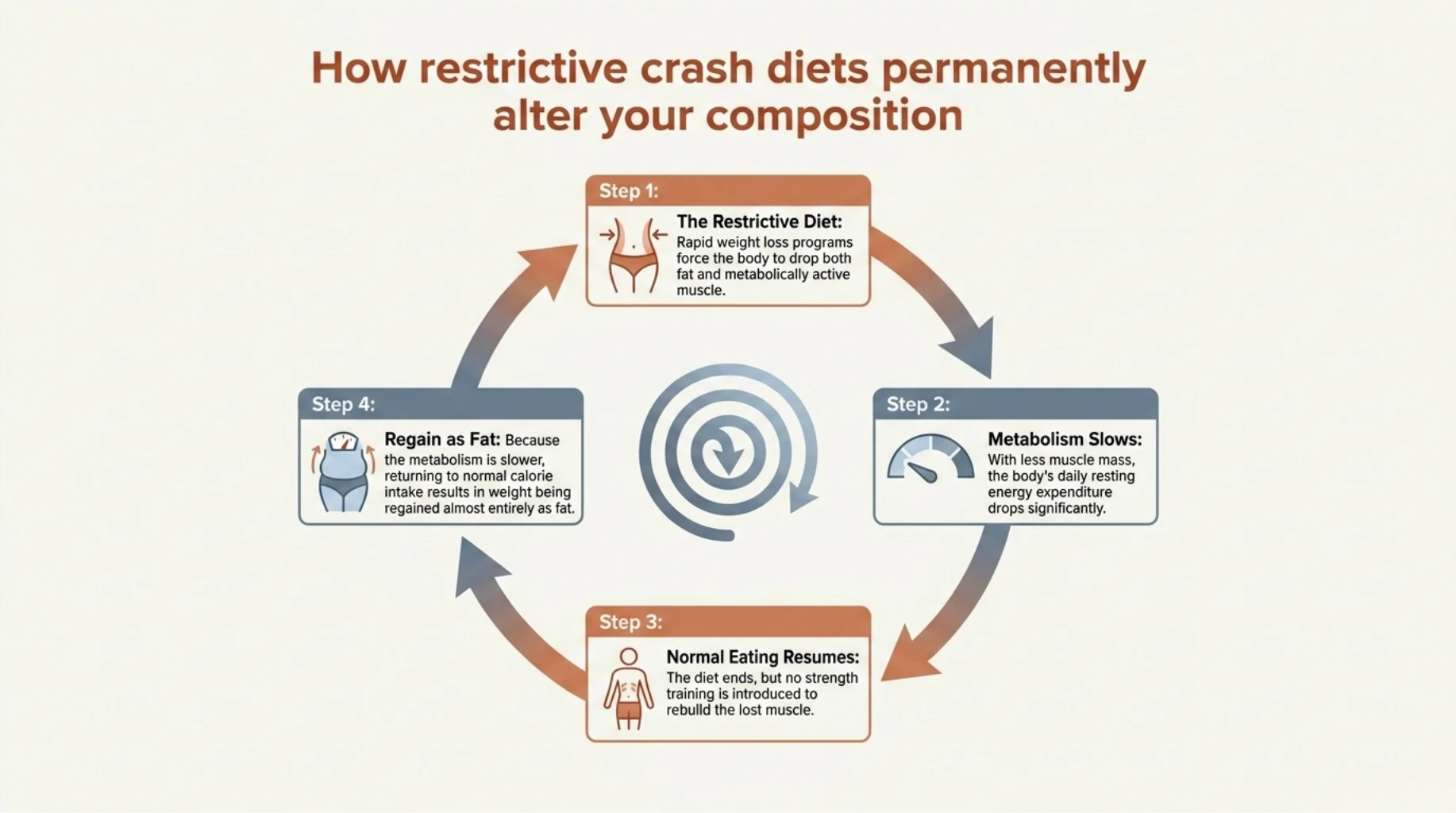 Circular diagram illustrating how restrictive crash diets cause muscle loss, slower metabolism, return to normal eating, and subsequent weight regain primarily as body fat.