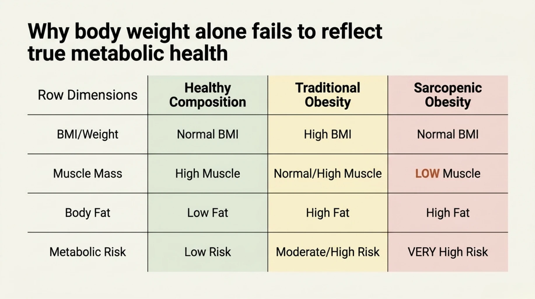Comparison table showing differences between healthy body composition, traditional obesity, and sarcopenic obesity based on BMI, muscle mass, body fat, and metabolic risk.