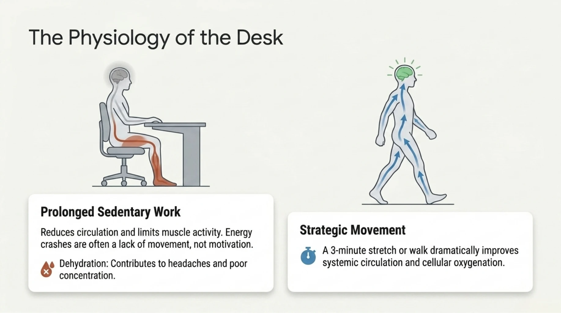 Illustration comparing prolonged sedentary desk work with strategic movement, showing how regular walking and stretching improve circulation, oxygenation, and energy levels.