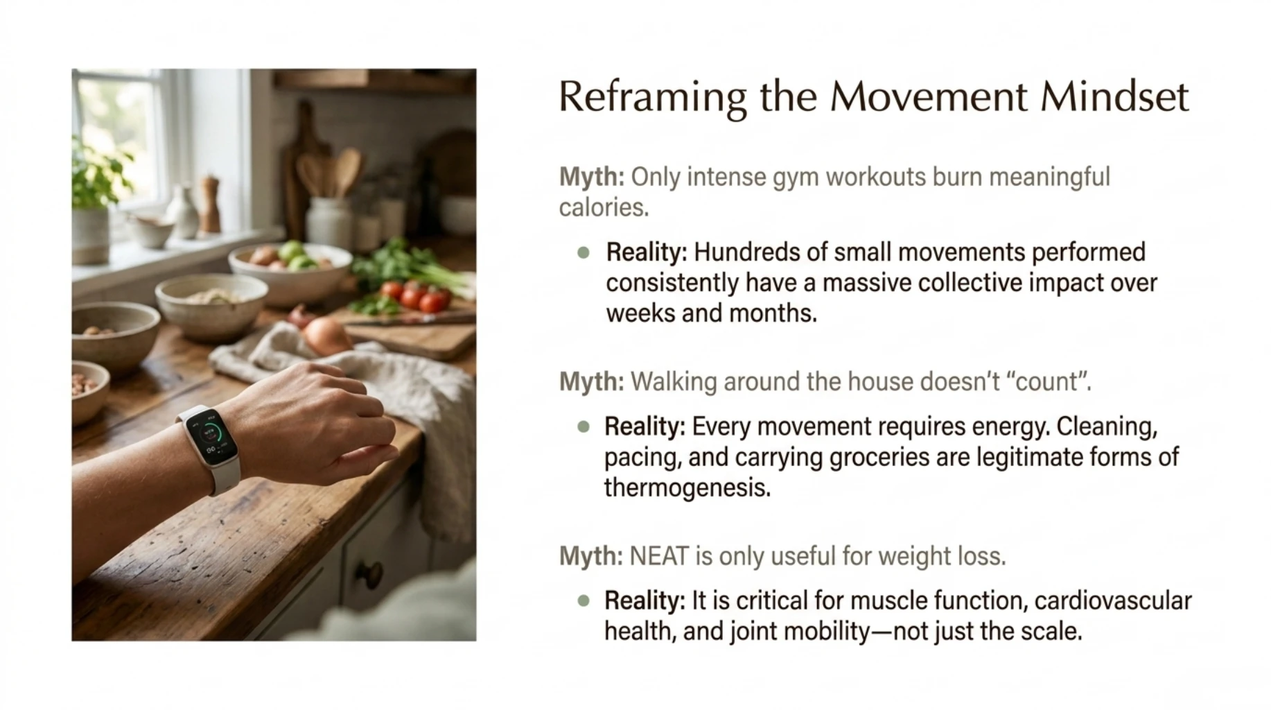 Myth-versus-reality infographic explaining that cleaning, pacing, carrying groceries, and other small daily movements contribute to calorie burn and support metabolic health.