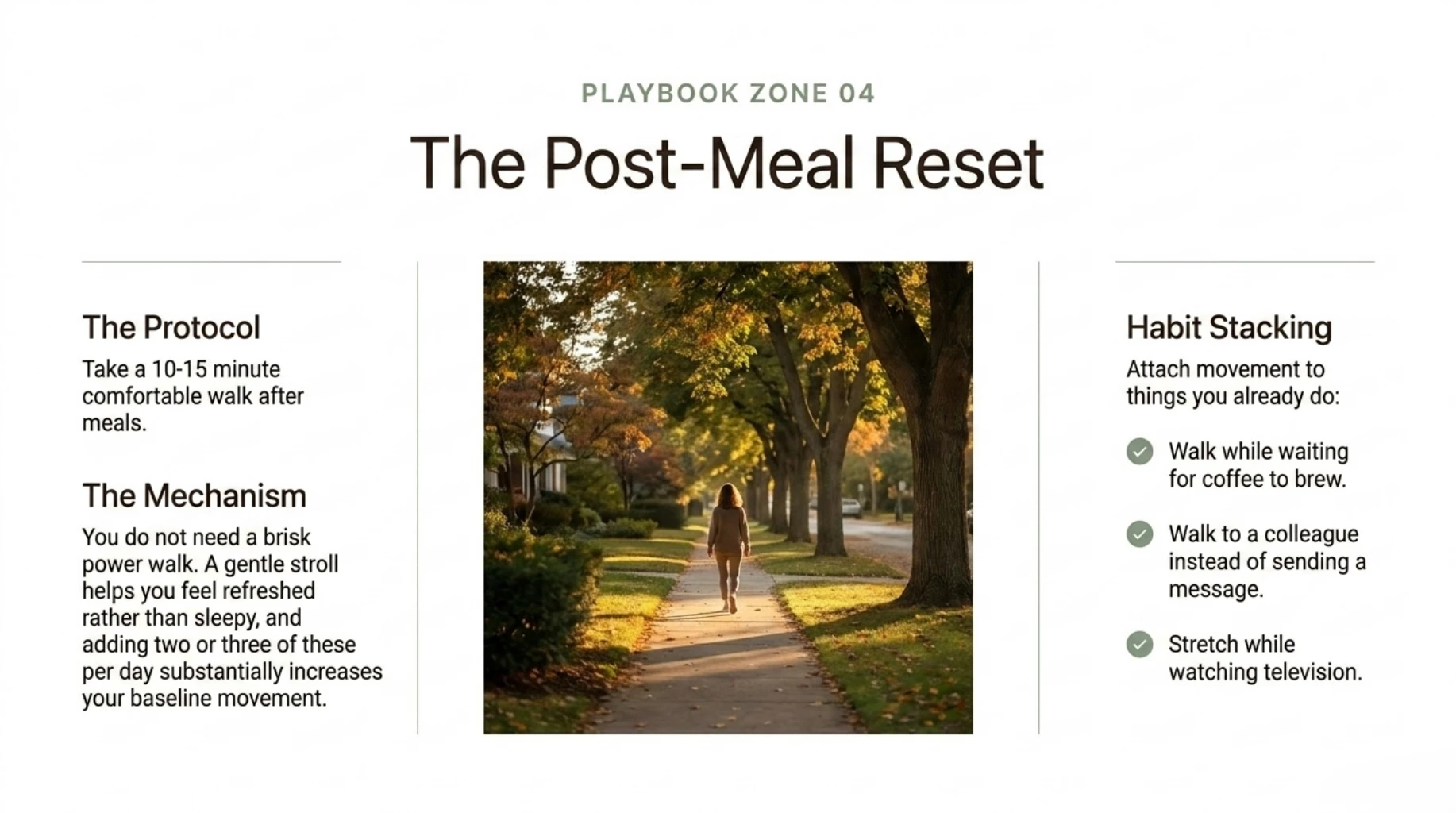 Person taking a gentle 10-to-15-minute walk after a meal, with habit-stacking ideas for increasing daily movement and reducing prolonged inactivity.