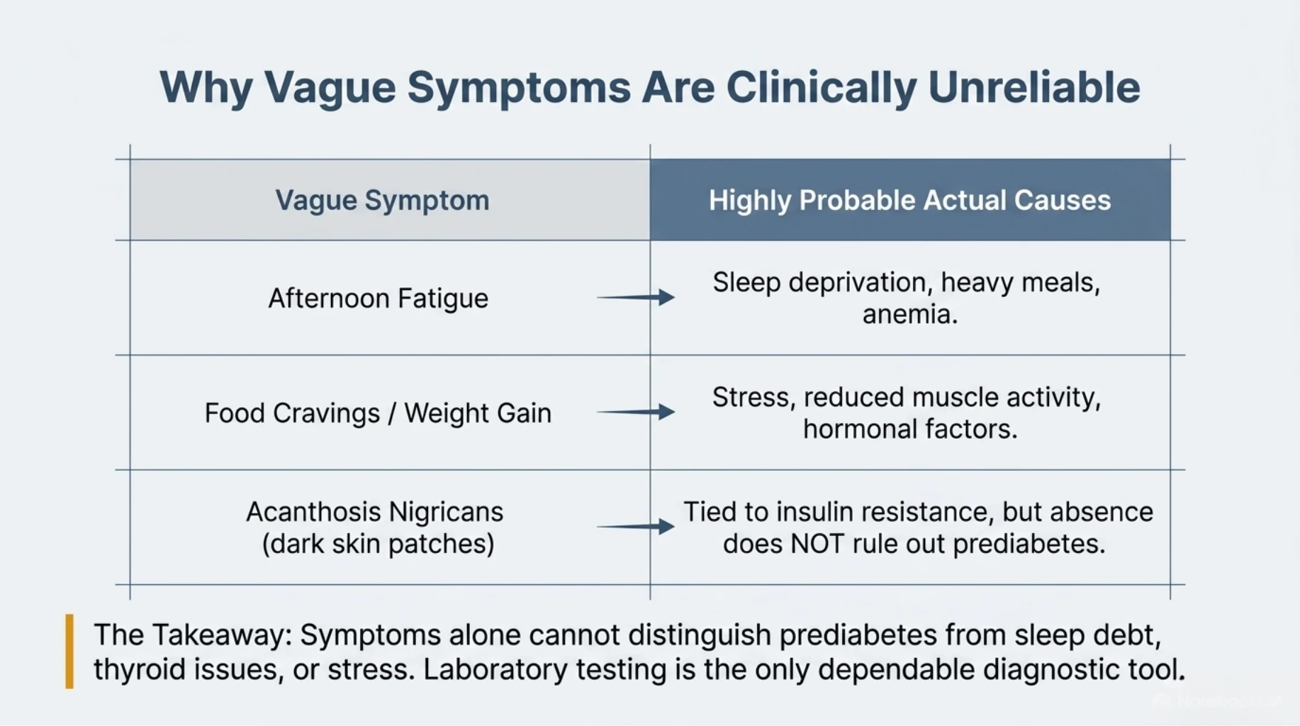Medical table explaining why common symptoms such as fatigue, food cravings, and weight gain are unreliable indicators of prediabetes and require laboratory testing.