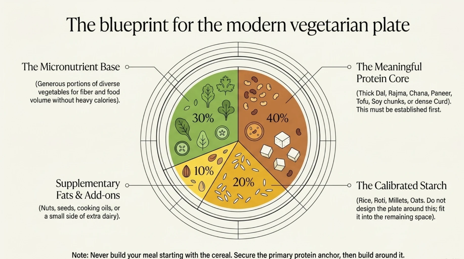 Balanced Indian vegetarian plate with 40 percent protein foods, 30 percent vegetables, 20 percent starch and 10 percent healthy fats.
