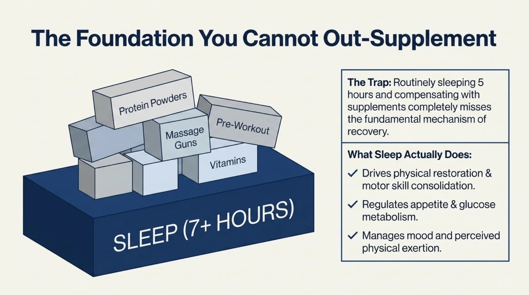 Sleep as the foundation of workout recovery, showing why supplements such as protein powders, vitamins and pre-workout products cannot compensate for inadequate sleep
