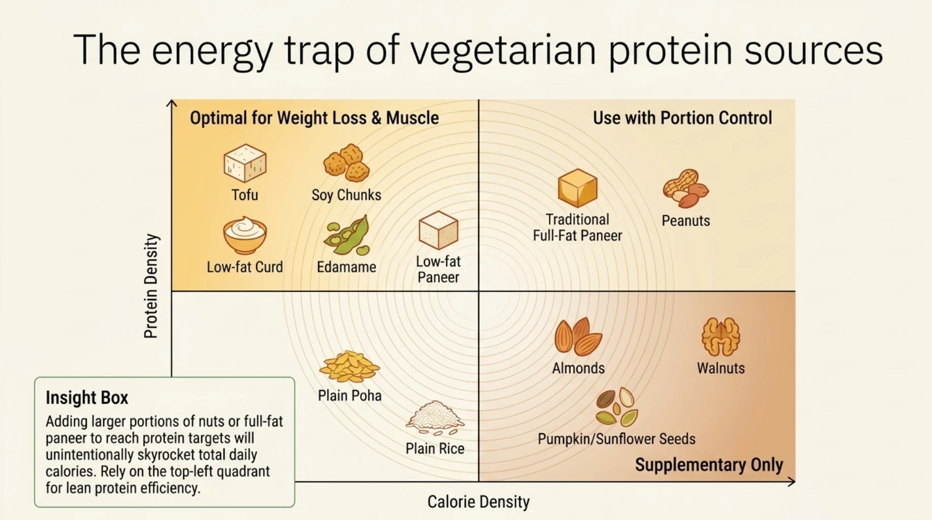 Vegetarian protein sources compared by protein and calorie density, including tofu, soy chunks, paneer, curd, nuts and seeds.