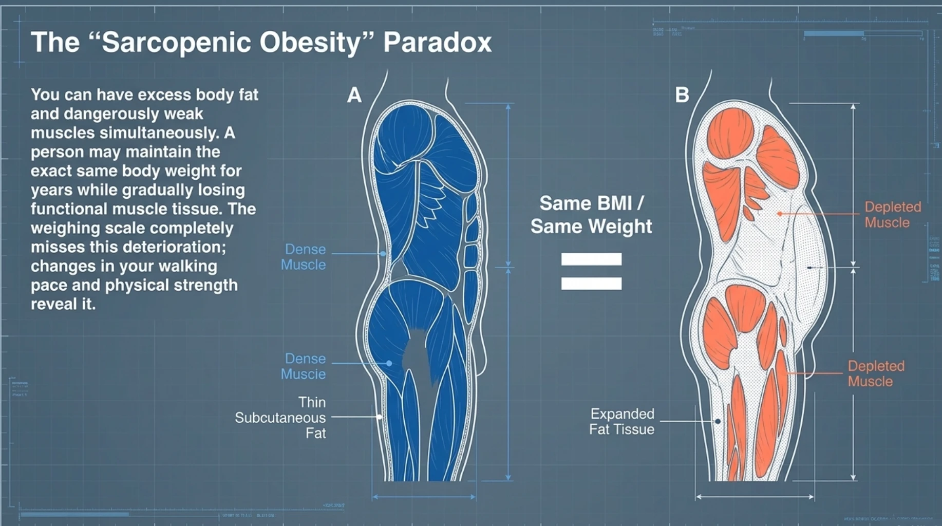 Sarcopenic obesity can cause loss of functional muscle despite little change in body weight or BMI, contributing to slower walking speed.