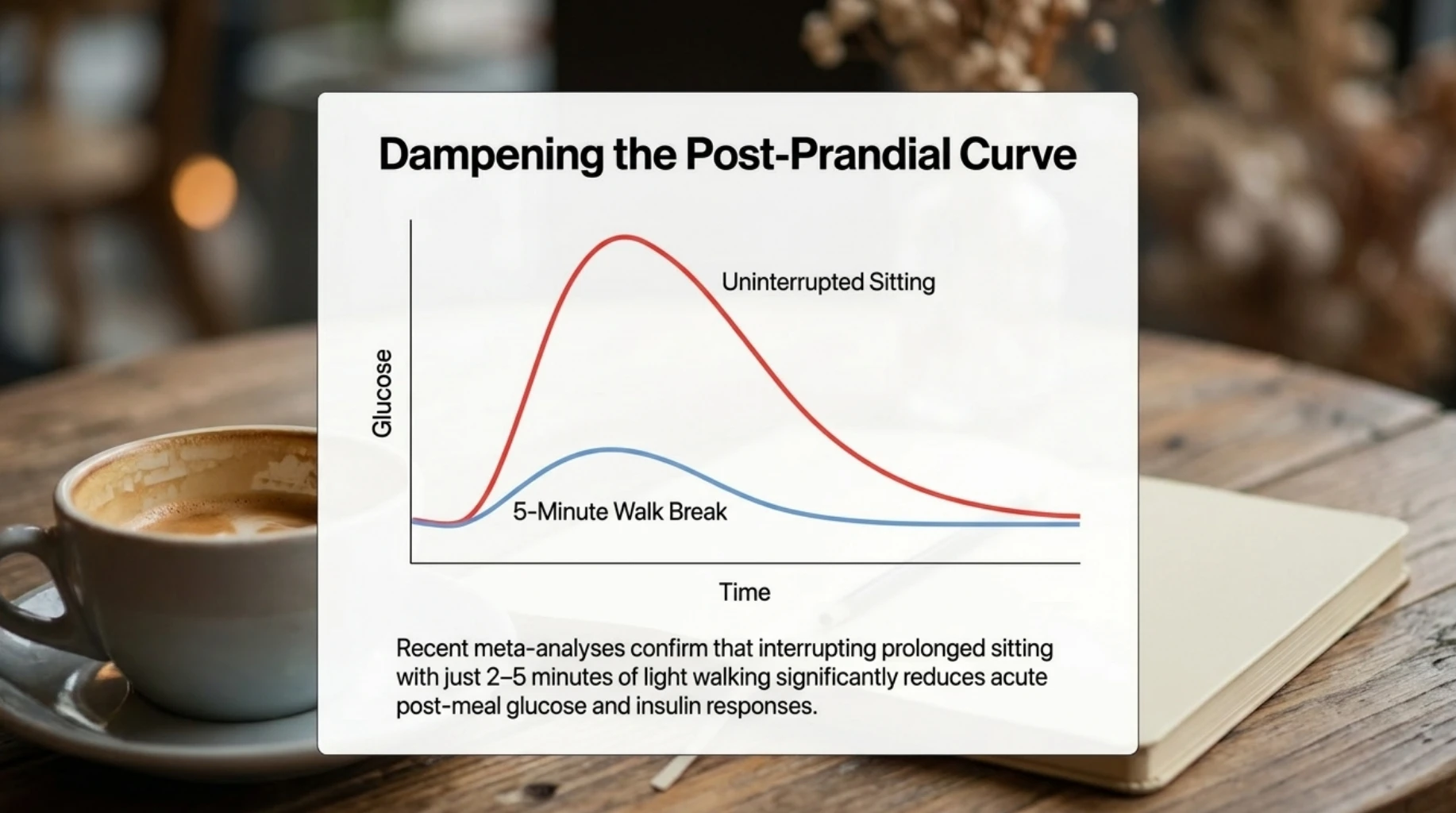 Graph showing how a 5-minute walk break may reduce the post-meal blood sugar rise compared with uninterrupted sitting
