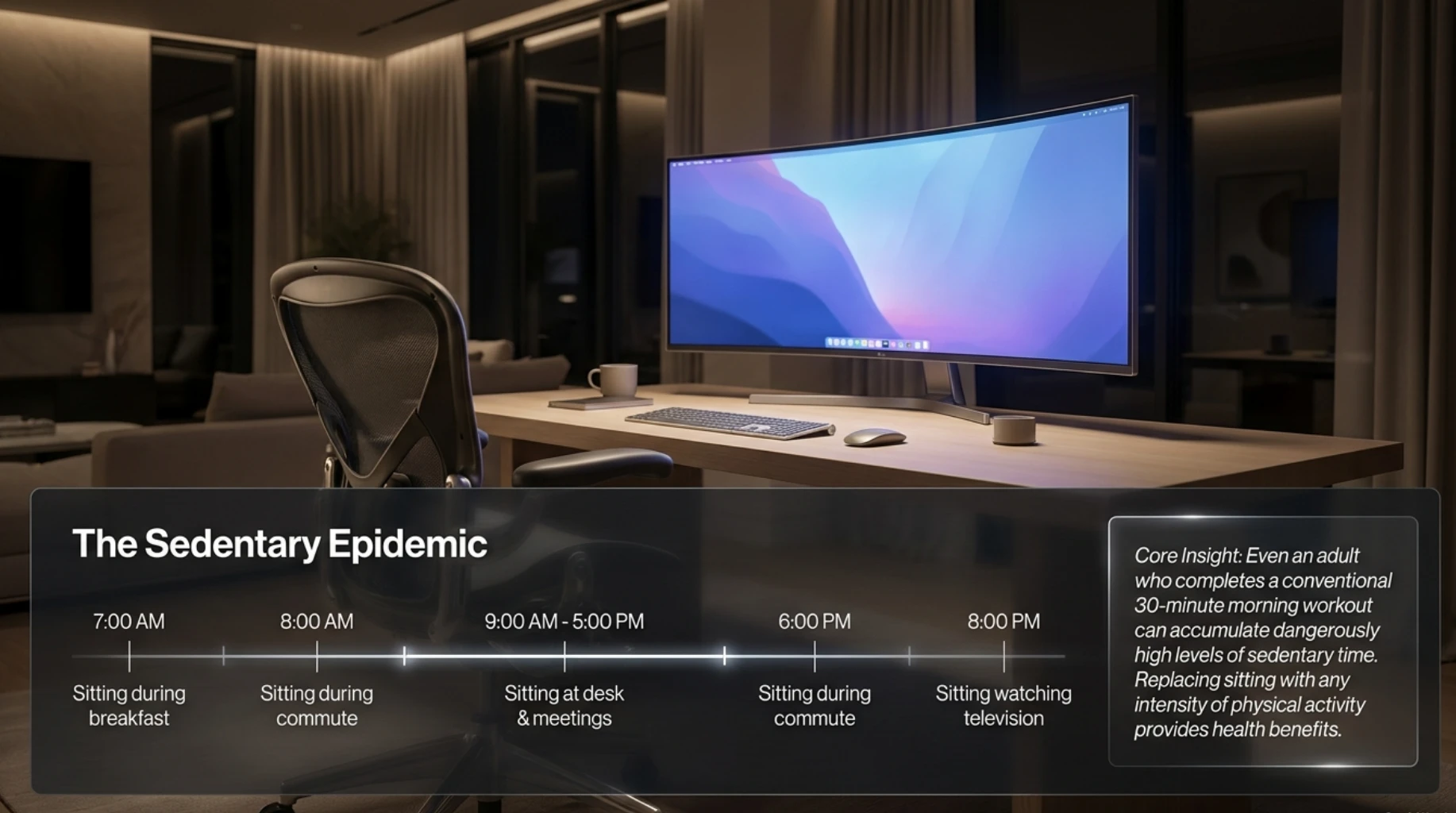 Sedentary daily routine showing prolonged sitting during breakfast, commuting, desk work and television time