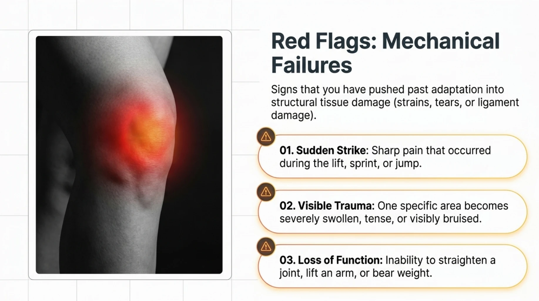Medical infographic highlighting mechanical injury warning signs after exercise, including sudden sharp pain during movement, severe localized swelling or bruising, and loss of normal joint or muscle function.