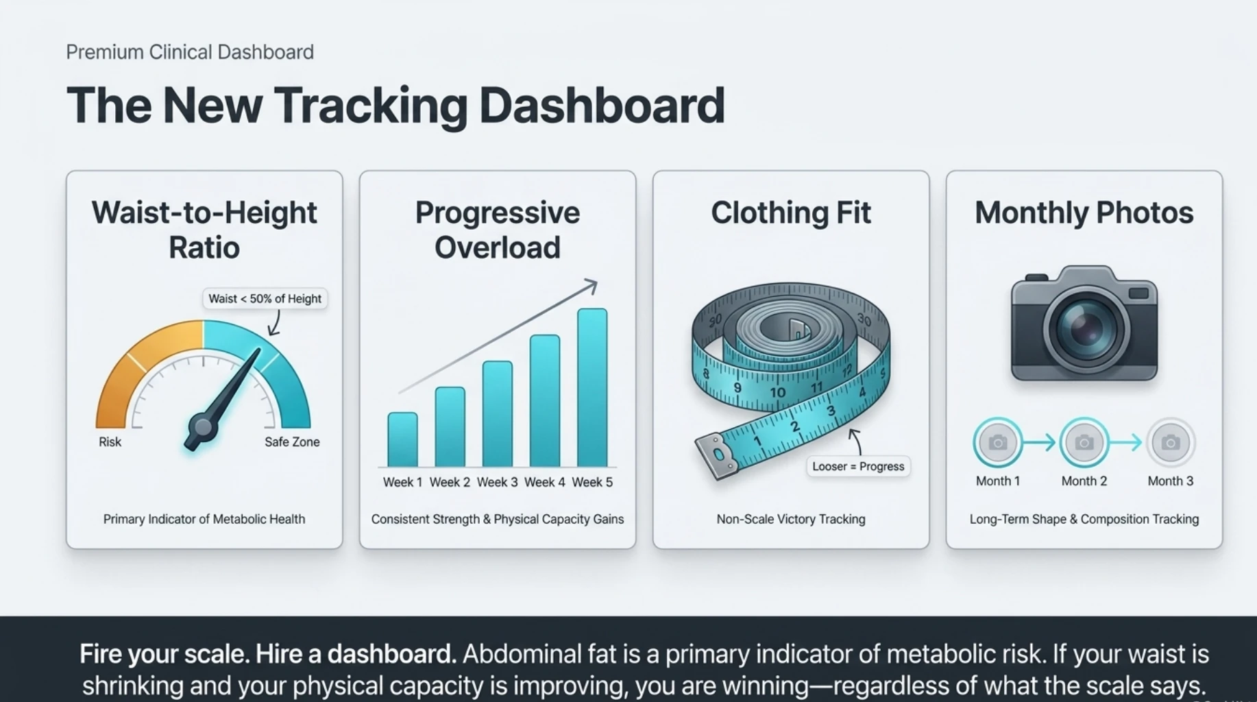 Infographic showing ways to track weight-loss progress beyond the scale using waist-to-height ratio, strength progression, clothing fit and monthly progress photos.