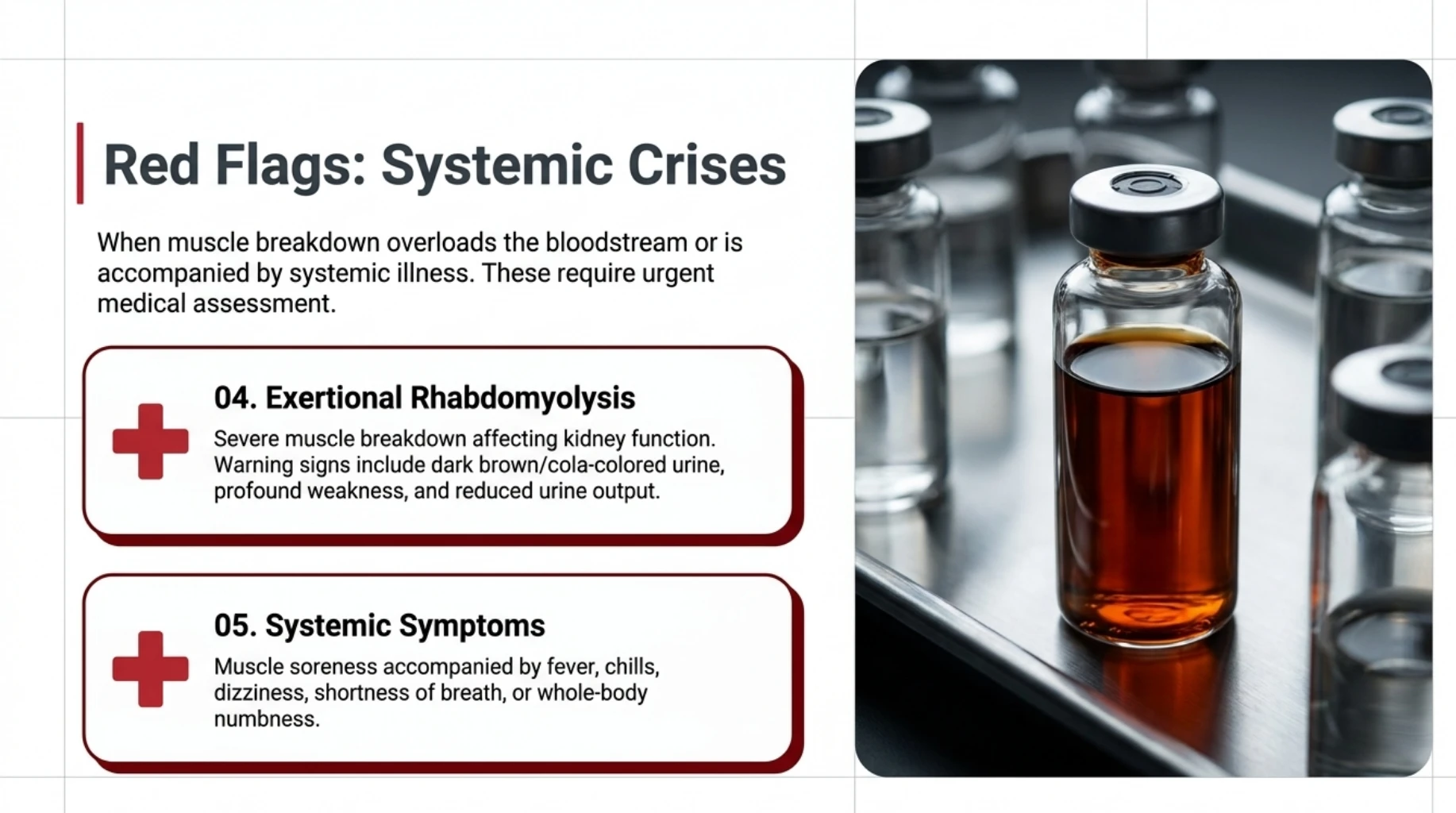 Medical warning infographic highlighting systemic red flags after exercise, including dark urine, reduced urine output, severe weakness, fever, dizziness, breathlessness, and whole-body numbness.