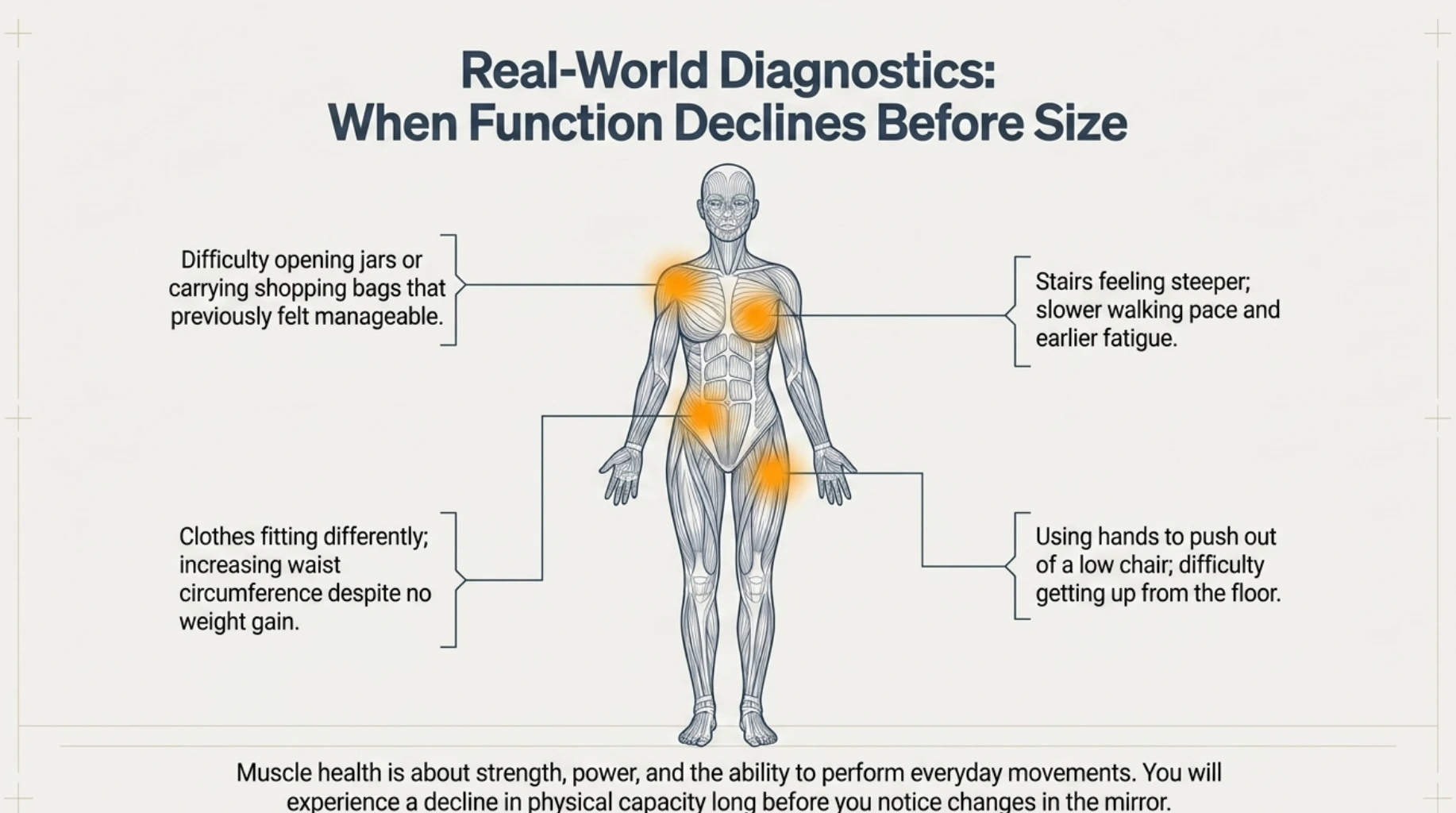 Early signs of declining muscle function in midlife women, including difficulty climbing stairs, carrying bags, getting up from a chair and increasing waist circumference