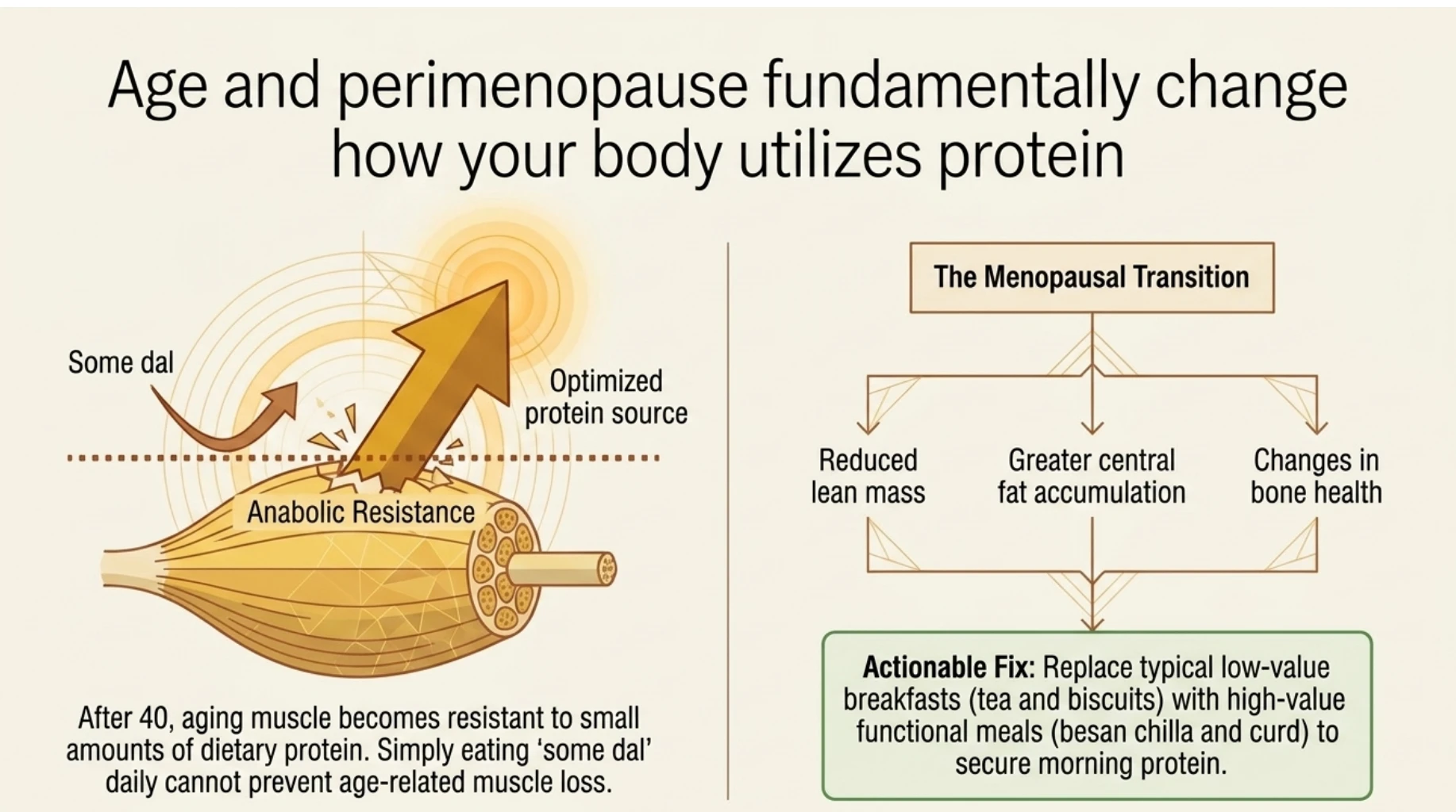 Protein needs after 40 and during perimenopause, illustrating anabolic resistance, reduced lean mass and the importance of higher-quality protein sources.