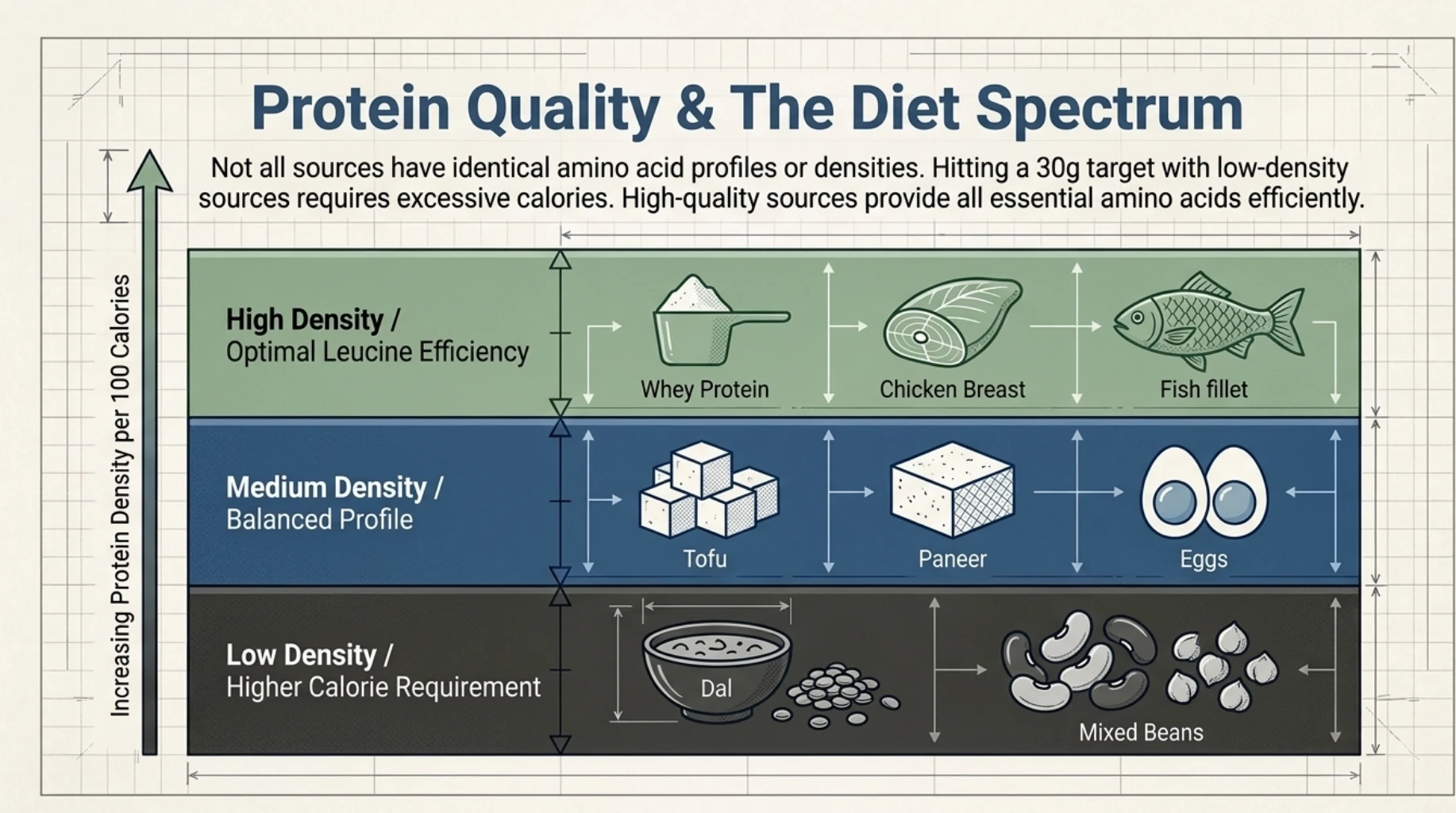 Protein quality infographic comparing whey, chicken, fish, tofu, paneer, eggs, dal, and beans by protein density and calorie requirements.