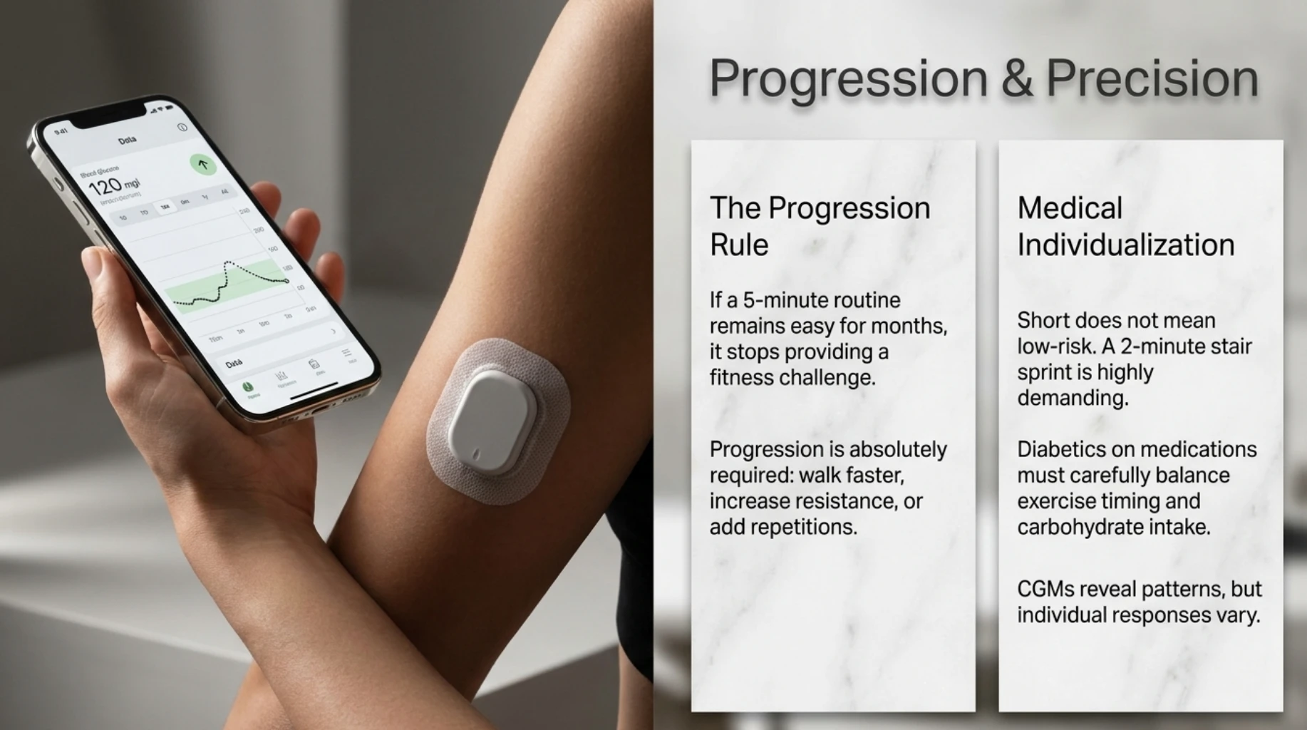 Continuous glucose monitor used to track blood sugar response while progressing and individualising short exercise routines
