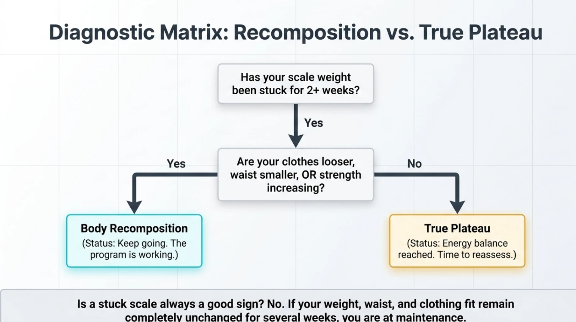 Flowchart explaining how to distinguish body recomposition from a true weight-loss plateau by tracking waist size, clothing fit, strength and scale weight over time.