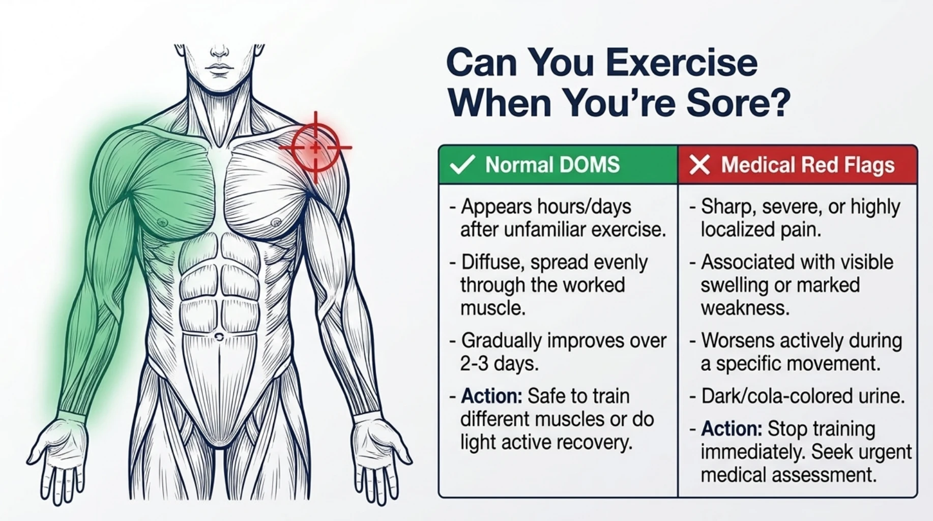 Comparison of normal delayed onset muscle soreness with exercise-related medical red flags such as severe localized pain, swelling, weakness and dark urine