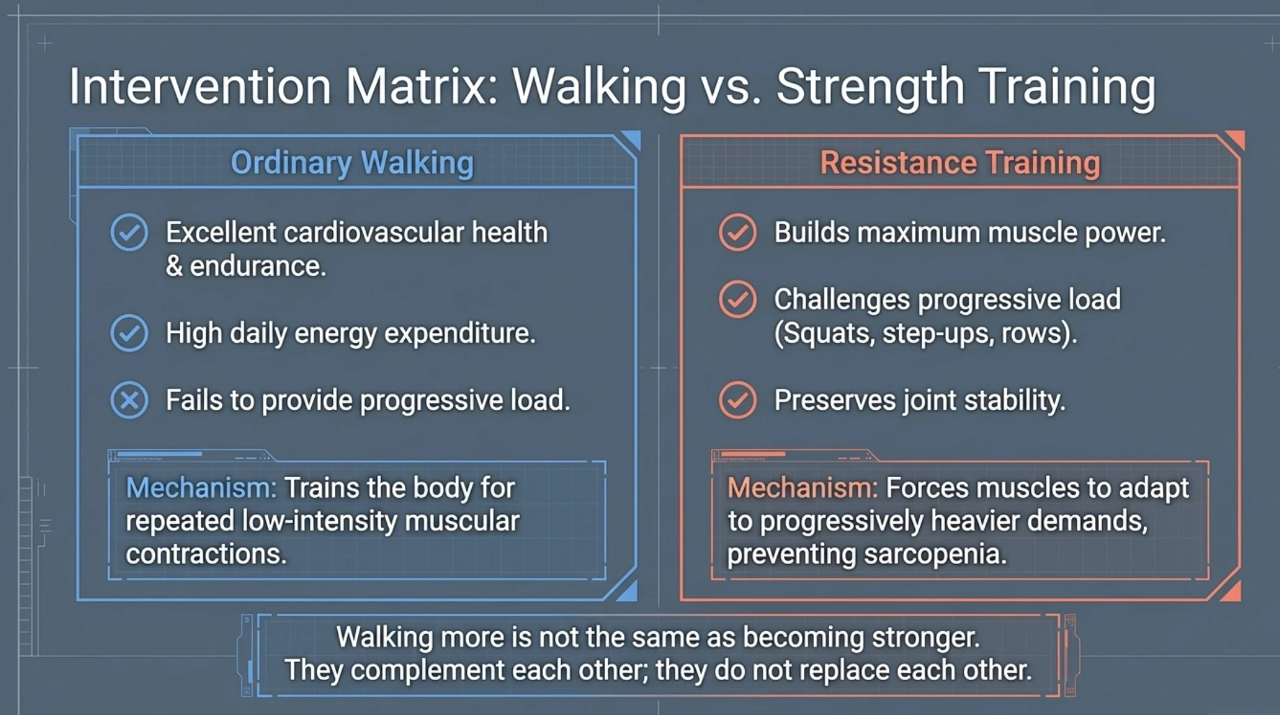 Walking improves cardiovascular fitness and endurance, while resistance training builds muscle strength and power needed for healthy ageing.