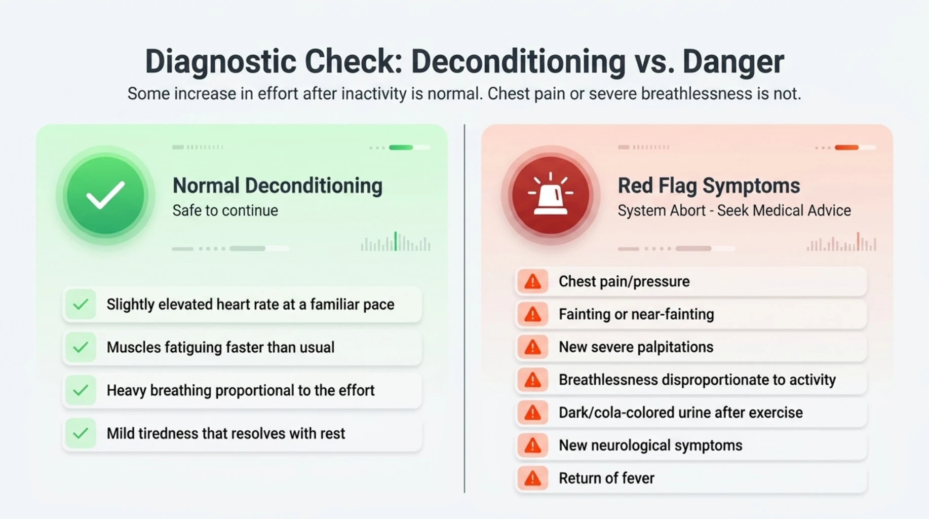 Red flag symptoms when returning to exercise after illness, including chest pain, fainting, palpitations, severe breathlessness, dark urine, neurological symptoms and recurrent fever